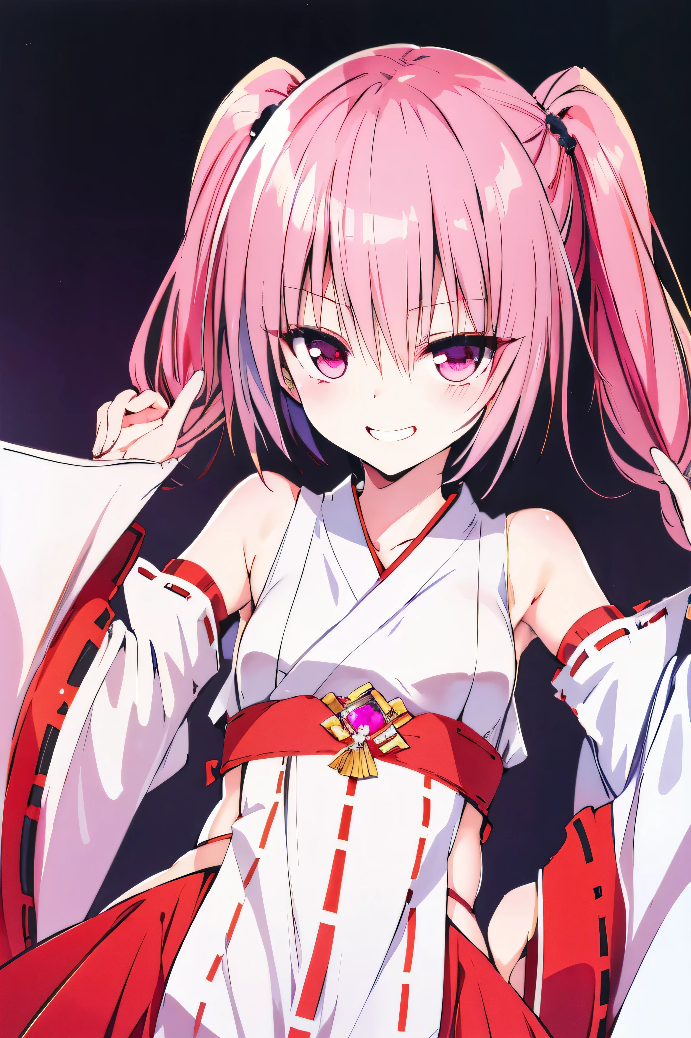 High Resolution, masterpiece, High Quality, high detail, High Quality, very detailed on trends, Ultra Fine, nana asta deviluke, pink hair, short twintails, wide , small ,
solo girl,
((miko)), grin