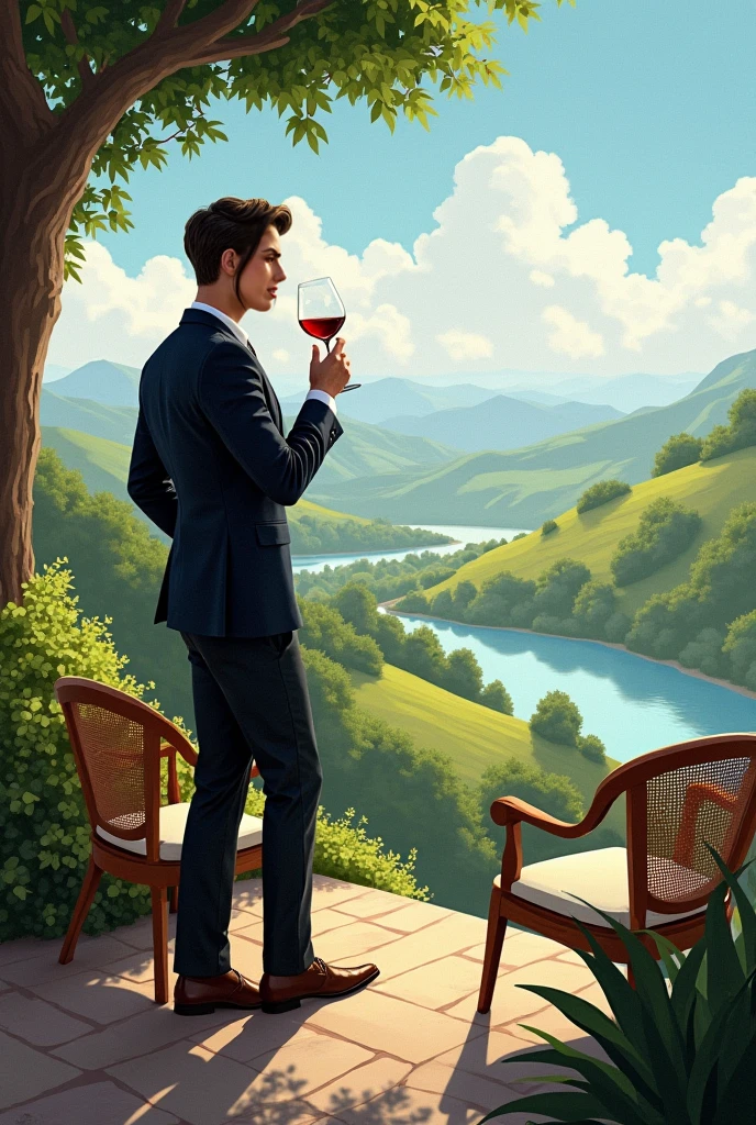Make a happy birthday card dedicated to Joan, with a design of a Catalan gentleman drinking wine in a restaurant in Villa Seca, Spain, whose face cannot be seen since his back is turned 