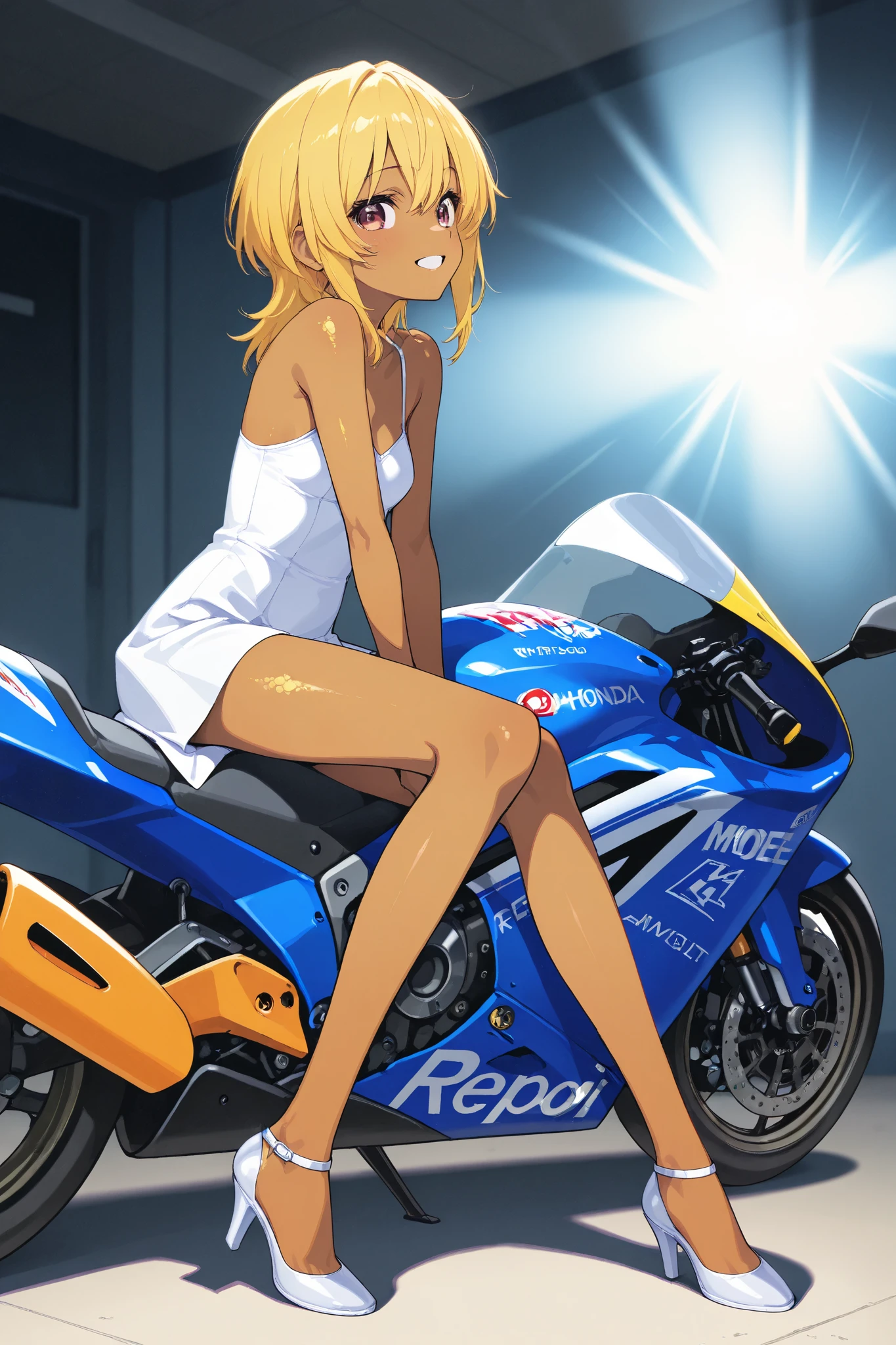 A high school girl is riding a Honda repsol MotoGP , matte brown skin , small breasts, video, yellow hair , invitation, top quality, textured skin, thin legs 、 High Heels、 MOVIE LIGHT EFFECT,