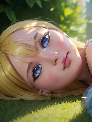 beautiful Winry Rockbell at 6 years old with blonde hair, lying on the grass