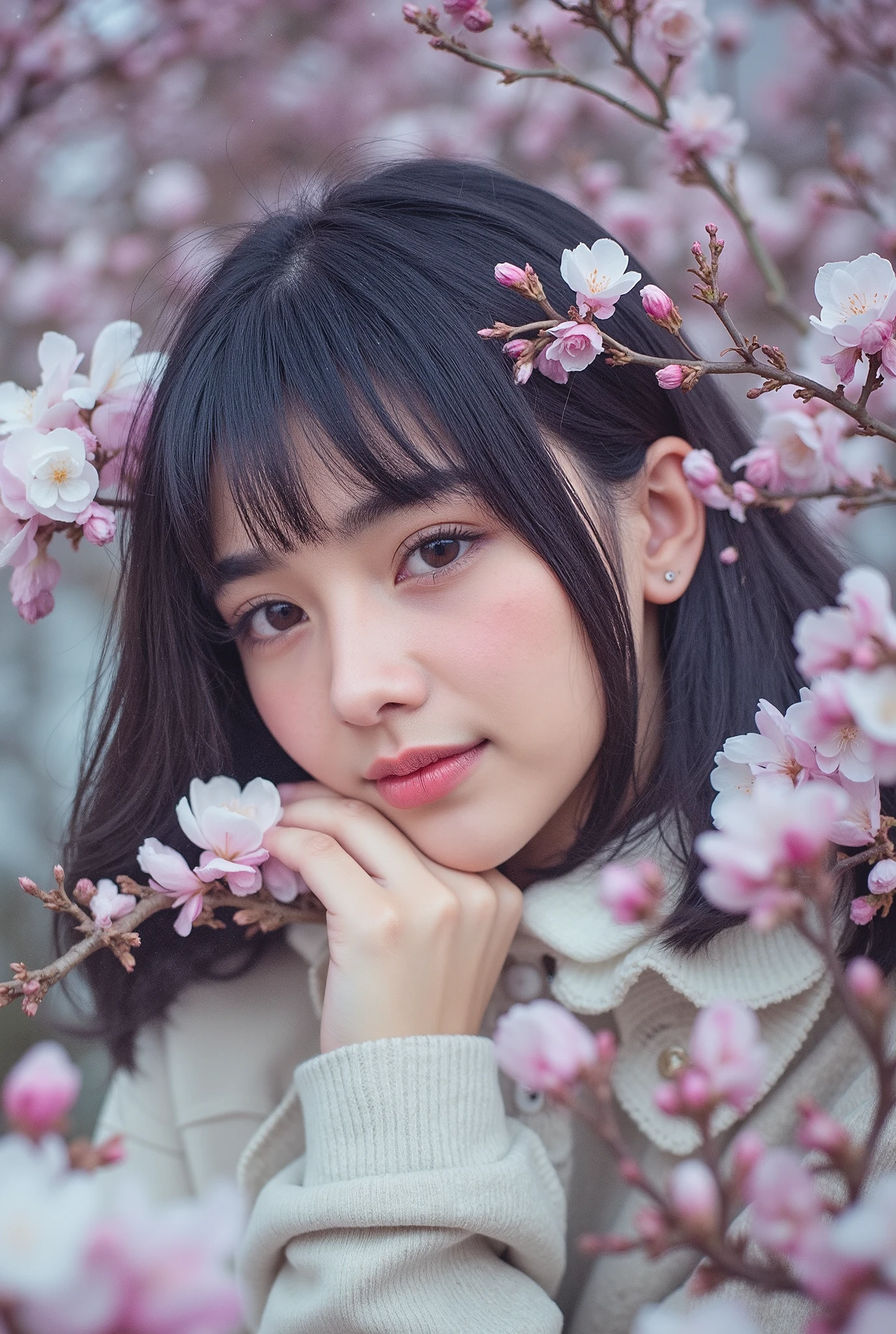 a beautiful french girl in four seasonal landscapes of japan, detailed face, iridescent eyes, high detail, masterpiece, 8k, extremely detailed, hyper realistic, photorealistic, natural lighting, vibrant colors, cinematic lighting, fantasy art, surreal, serene, ethereal, idyllic, atmospheric, tranquil, peaceful