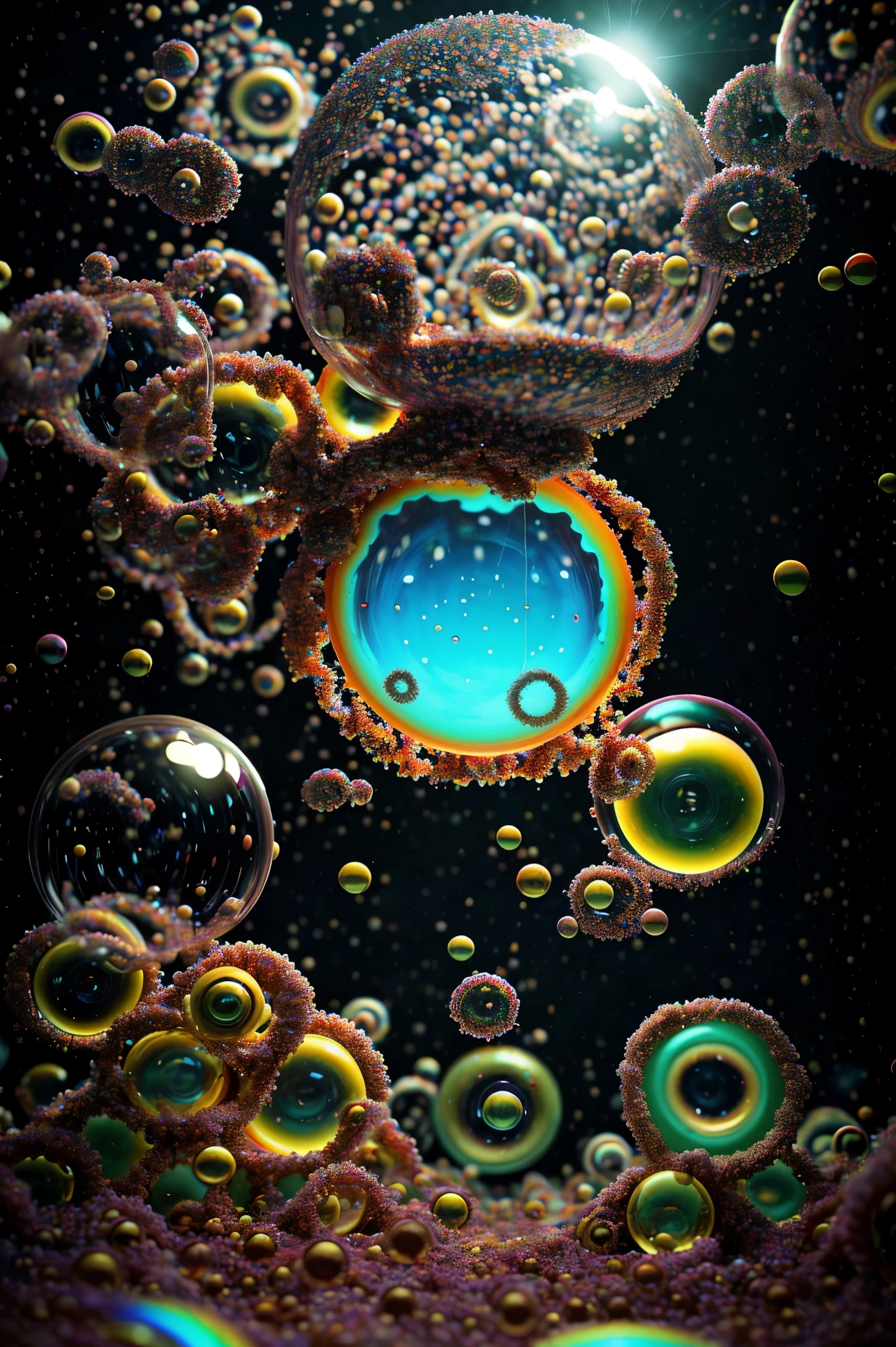 LSD, DMT imagery. octane render. Bright neon colored orbs with perfect symmetry multiply with electrical wire for nervous systems lighting up the different spheres flowing inside the abstract liquid, and glow in the dark structure. Bubbles and spheres glow and explode with dramatically accelerated growth of life. Psilocybin Dream inside a perfectly formed reality breaks into another, the shift casuses chaos and insanity. Extreme Hallucinations in a gorgeous piece of psychedelic digital artwork, Stunning, pixel art, 4d mandelbulb psychedelics, intricate underwater brightness, Fluorescents and neon aesthetic, bright colors are created as sulfuric acid mixes with super saturated colors, swirling spirals and vortexes turn into whirlpools and sinkholes draining the horrible chemical fluid. The bubbles and spheres break out and are born, spilling into the universe unexpectedly. Ultra detailed, ultra realistic,Pixel Assets,Portrait photography,surrealism, hyperrealism, Photorealistic, Hyperdetailed, Glass Morphism, Digital Art, Sparkle, Optical Illusion, Glowing Light, Reflective Light, Overexposure, Backlighting,full focus, spheres and bubbles show perfect Symmetry, Awe inspiring, Breathtaking, Indescribably Beautiful, Heaven sent images, Best Quality, Award Winning, Masterpiece.