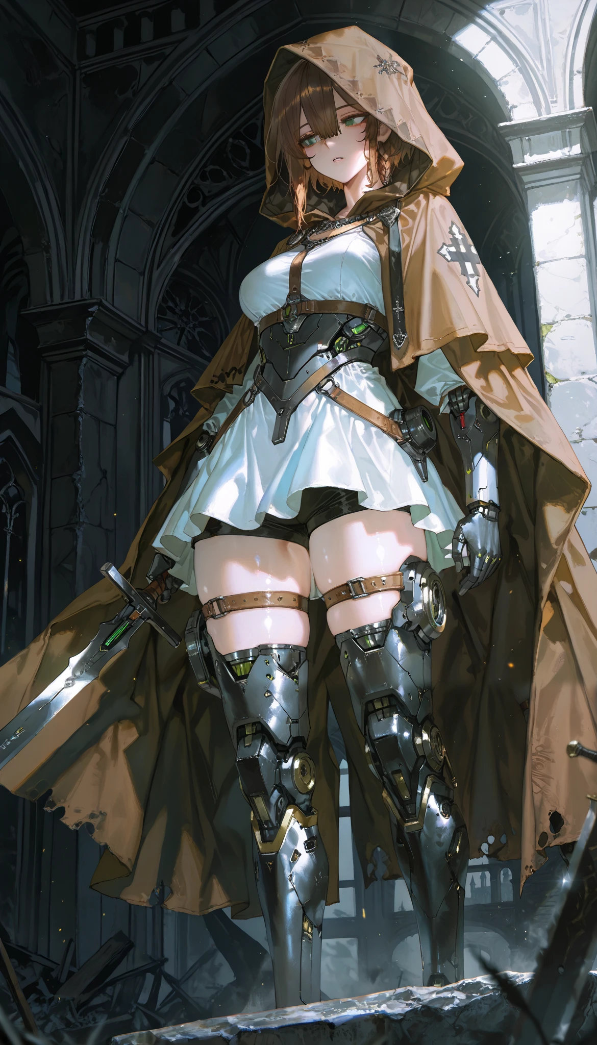 (artist:quasarcake:1.1),(artist:reoen:0.826446),(artist:rhasta:0.9),(artist:wlop:0.7),(hiten \(hitenkei\):0.6), blurry foreground,ray tracing,absurdres, 1girl,solo,adult,mature woman,mature female, (exoskeleton, mechanical arms, mechanical legs, mechanical body, android, robot girl:1.2), medium short hair, dark brown hair, hair between eyes, long bangs, braided sidelock, green eyes, (black tear drops tattoo:1.1), expressionless,parted lips, shiny skin,medium breasts,thighs,legs, black and white assassins atribute, white dress, hood, brown hood, cape, torned, black shorts, thigh strap, thigh boots, medieval world,medieval architecture,a castle,in the ruins,daytime,outside,
standing,on a stone,open legs,legs on level,holding a long sword,sheated sword, detailed eyes,beautiful lighting,beautiful shadows, perfect anatomy,perfect body,mature body, from side below, dark atmosphere,dark aura,magical aura,lights particles,dusty air,
,masterpiece,best quality,amazing quality,