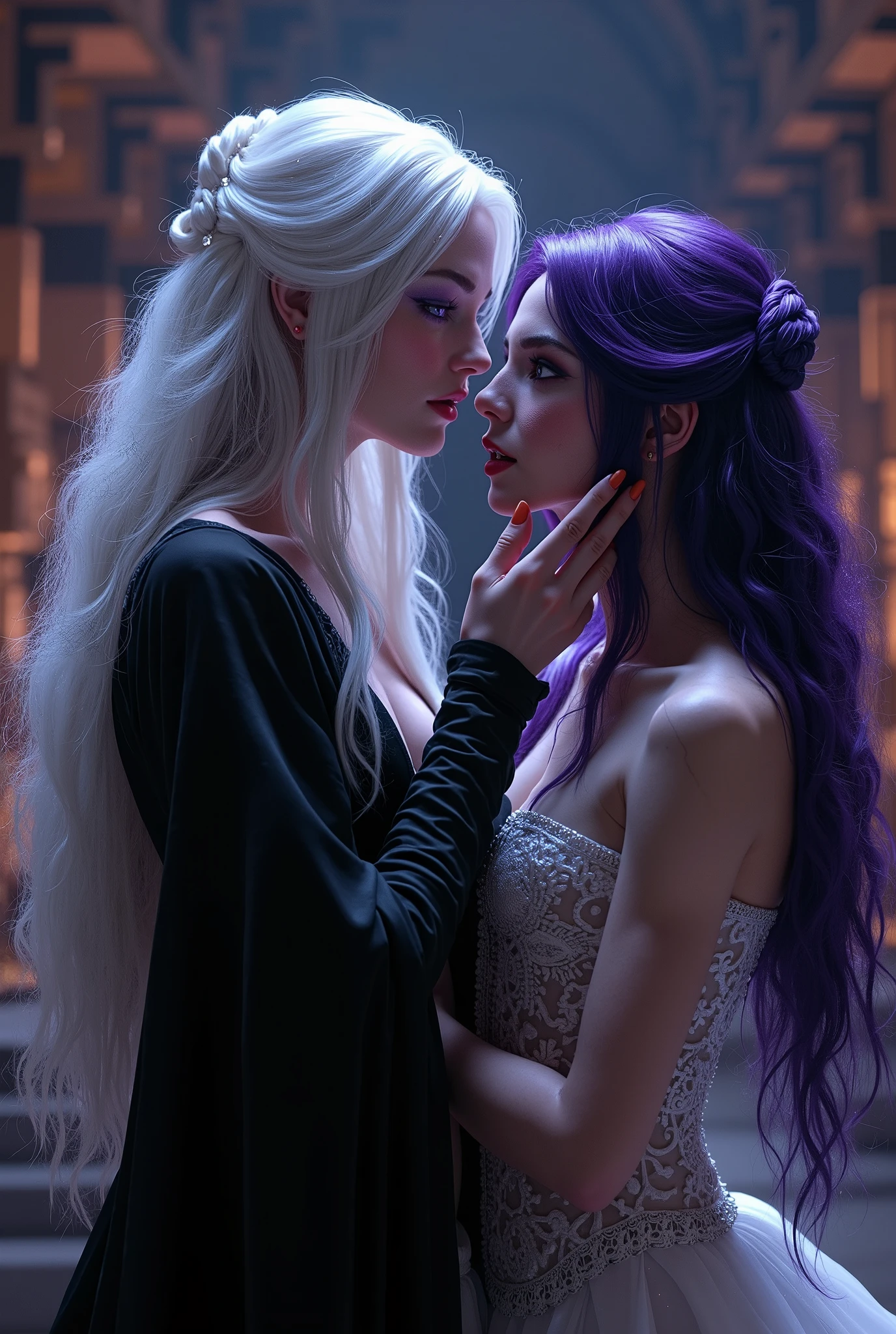 Two naked women، one purple coat، one pressing on the eyebrows، medium breast، small buttocks، 25 years old، and the second one white hair، red eyes، very large breasts، big buttocks، large belly noxine pink.