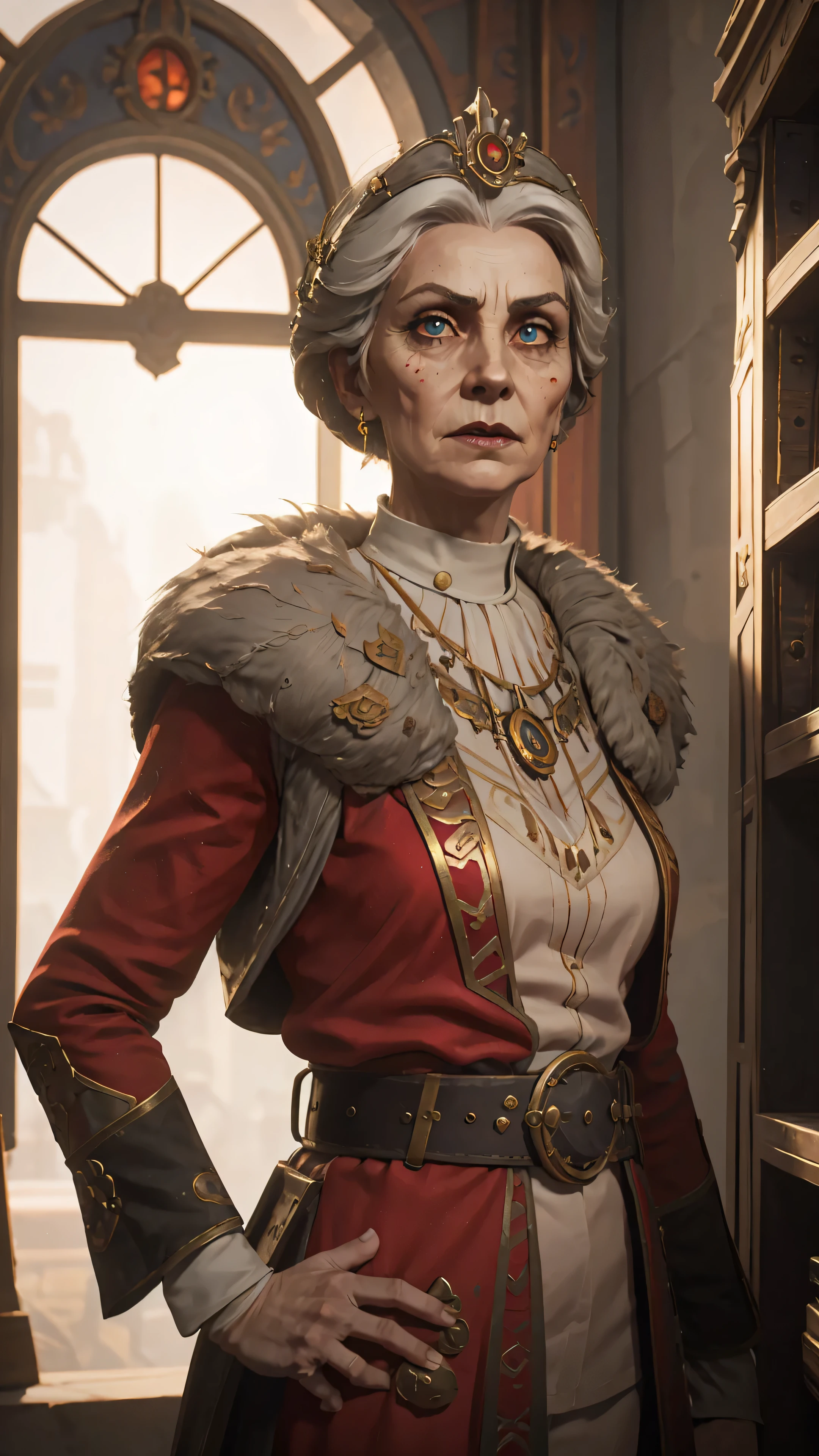 professional photo of an empire administratum noblewoman, old wrinkled woman, pale, beauty spots, ulrika, perfect eyes, wearing white an red noble clothing, upper body shot low lighting, moody, large depth of field, warhammer 40k, deep depth of field, highly detailed, plain white background, (bright, good lighting, bright frontal light), three quarter shot, frontal image, standing in gothic style office, looking to right, (upper body portrait), si-fi communication device on belt and lasgun on hip