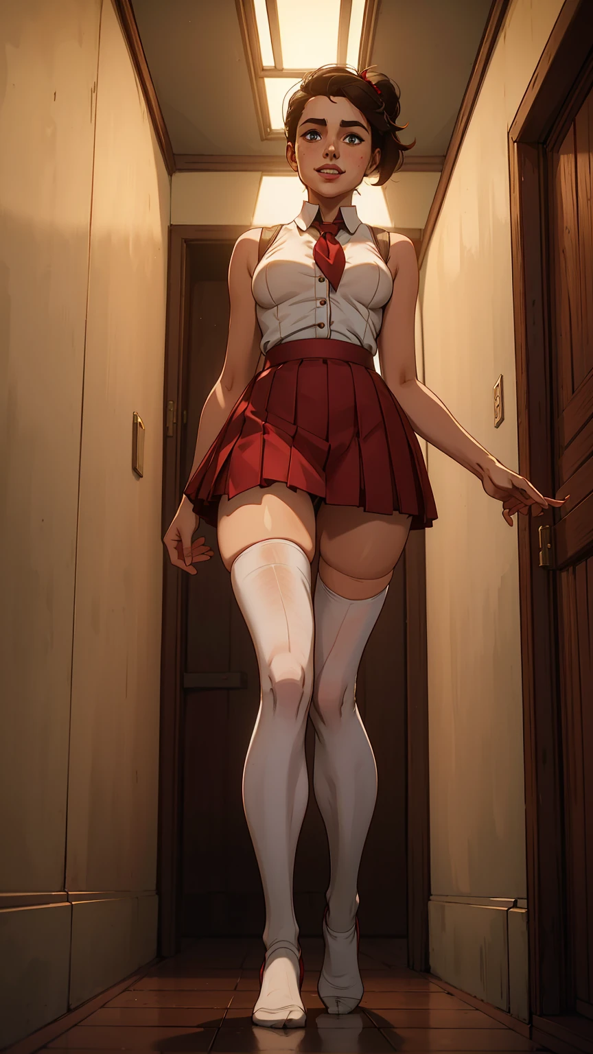 (masterpiece:1.3), high resolution, ultra detailed, extremely detailed CG unity 8k wallpaper, realistic, photo-realistic, RAW photo,beautiful detailed face, pale skin, realistic glistening skin, detailed cloth texture, detailed hair texture, Perfect body, Beautiful Face, accurate, Anatomically correct, Highly detailed face and skin texture, natural neck length, (beautiful hands), (fair skin:1.2), Thin legs, Thin feet, Detailed eyes, symmetric eyes, Light Brown eyes, Double eyelids, Thin eyebrows, (Glossy lips:1.4), ((gently smile:1.2)), (blush:1.1),A beautiful 35 year old woman wearing a very short red skirt and a thin white shirt, and、Good .