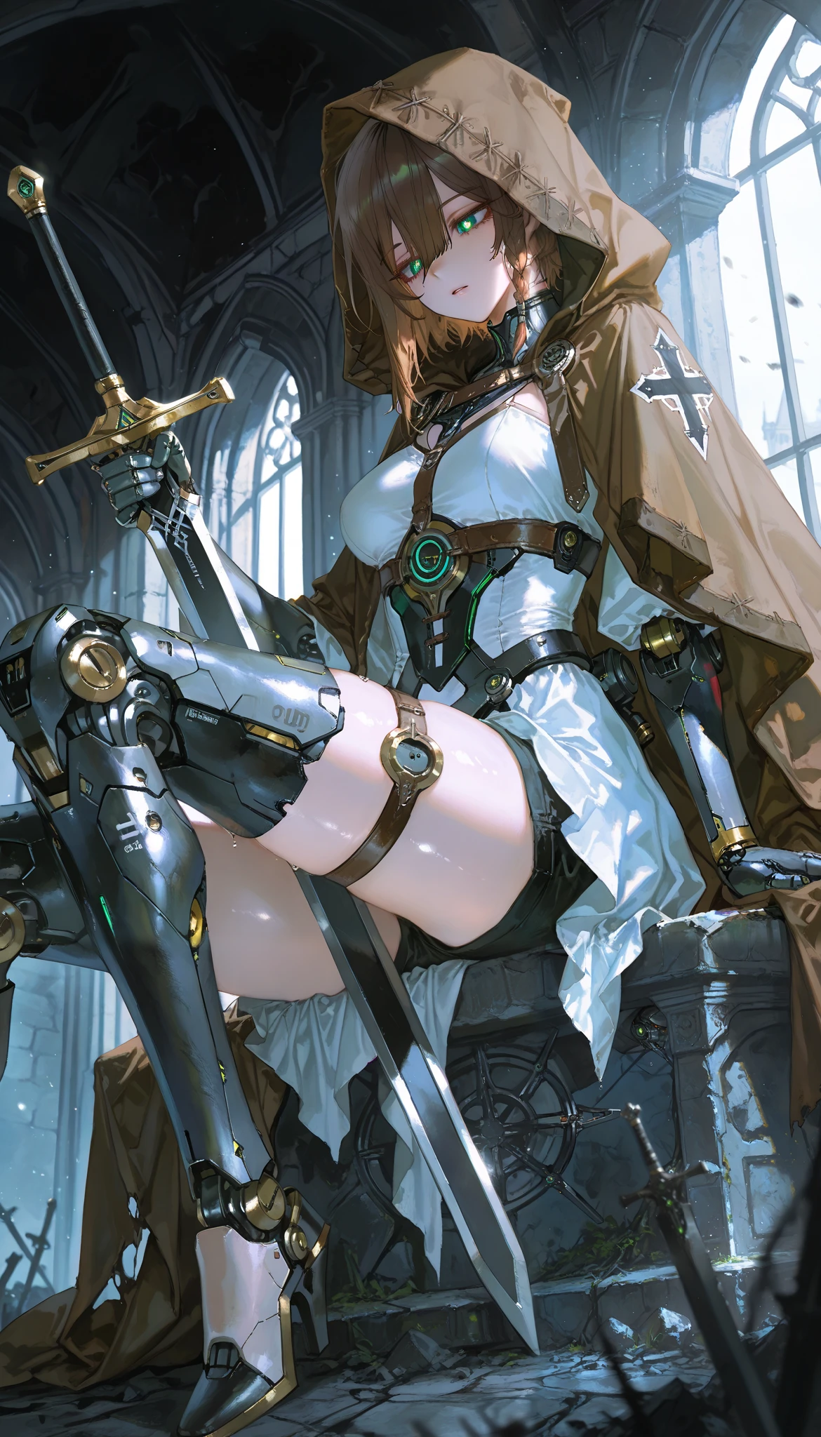 (artist:quasarcake:1.1),(artist:reoen:0.826446),(artist:rhasta:0.9),(artist:wlop:0.7),(hiten \(hitenkei\):0.6), blurry foreground,ray tracing,absurdres, 1girl,solo,adult,mature woman,mature female, (exoskeleton, mechanical arms, mechanical legs, mechanical body, android, robot girl:1.2), medium short hair, dark brown hair, hair between eyes, long bangs, braided sidelock, green eyes, bright pupils, shining pupils, (black tear drops tattoo:1.1), expressionless,parted lips, shiny skin,medium breasts,thighs,legs, black and white assassins atribute, white dress, hood, brown hood, cape, torned, black shorts, thigh strap, thigh boots, medieval world,medieval architecture,a castle,in the ruins,daytime,outside,
sitting,on a stone,open legs,legs on level,holding a long sword,sheated sword, detailed eyes,beautiful lighting,beautiful shadows, perfect anatomy,perfect body,mature body, from side below, dark atmosphere,dark aura,magical aura,lights particles,dusty air,
,masterpiece,best quality,amazing quality,