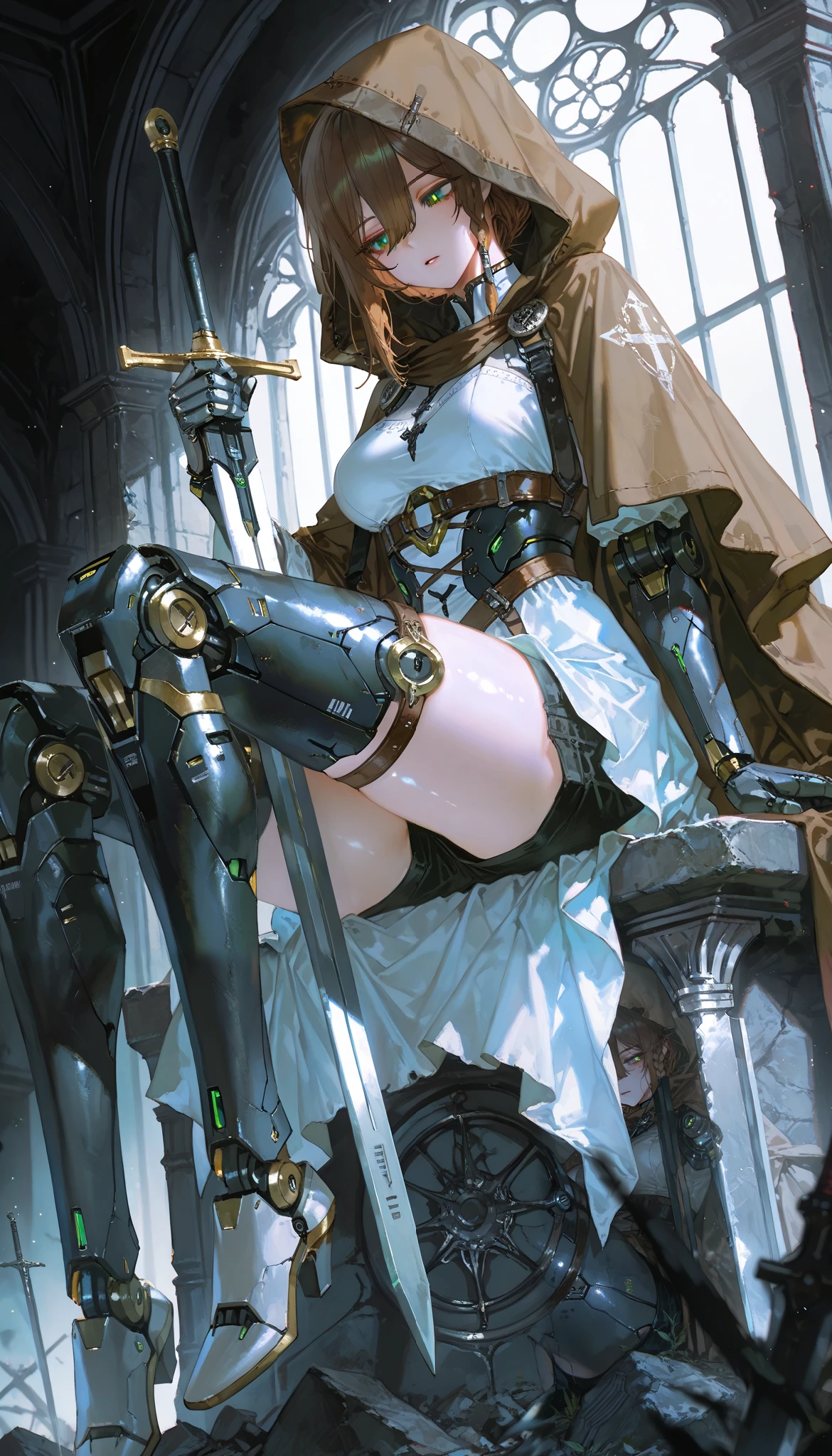 (artist:quasarcake:1.1),(artist:reoen:0.826446),(artist:rhasta:0.9),(artist:wlop:0.7),(hiten \(hitenkei\):0.6), blurry foreground,ray tracing,absurdres, 1girl,solo,adult,mature woman,mature female, (exoskeleton, mechanical arms, mechanical legs, mechanical body, android, robot girl:1.2), medium short hair, dark brown hair, hair between eyes, long bangs, braided sidelock, green eyes, bright pupils, shining pupils, (black tear drops tattoo:1.1), expressionless,parted lips, shiny skin,medium breasts,thighs,legs, black and white assassins atribute, white dress, hood, brown hood, cape, torned, black shorts, thigh strap, thigh boots, medieval world,medieval architecture,a castle,in the ruins,daytime,outside,
sitting,on a stone,open legs,legs on level,holding a long sword,sheated sword, detailed eyes,beautiful lighting,beautiful shadows, perfect anatomy,perfect body,mature body, from side below, dark atmosphere,dark aura,magical aura,lights particles,dusty air,
,masterpiece,best quality,amazing quality,