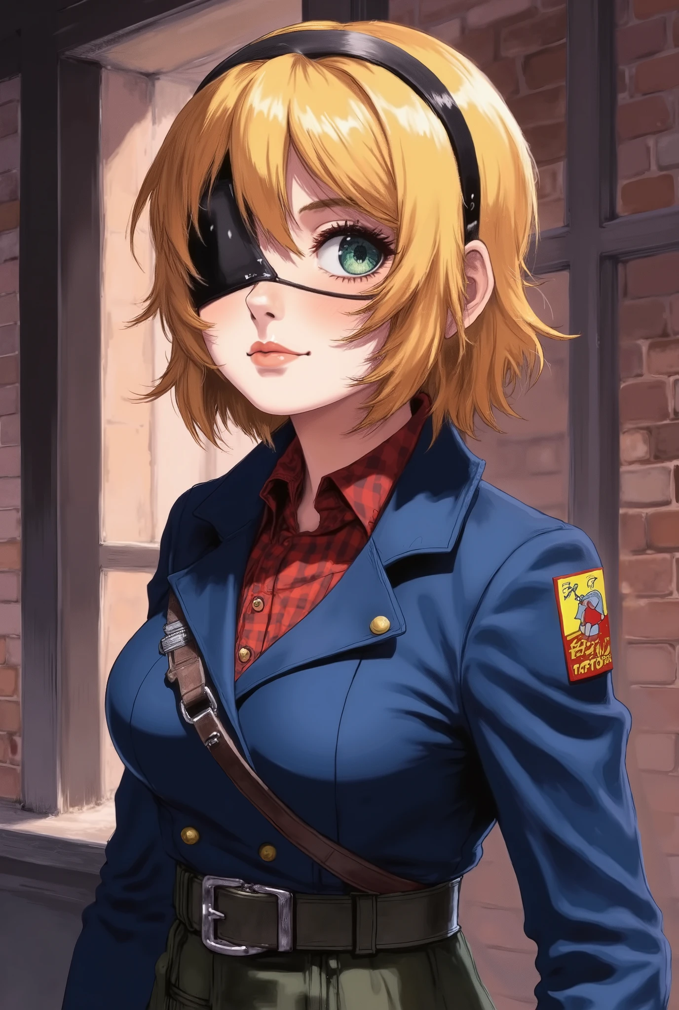 Image is a digital illustration featuring an anime-style character with a focus on detailed face and body features. The character is a young girl of about 20 years old. The character has short, blonde hair with a side-swept fringe, partially covering one eye. The visible eye is large and green, with a reflective shine, while the other eye is covered by a black eyepatch. The character's skin is fair, with a subtle blush on the cheeks. They are wearing a military-style blue jacket adorned with badges, over a red shirt. A black headband is visible, adding to the character's distinctive look. The background is blurred, with hints of a brick wall and window, suggesting an urban setting. The overall color palette is warm, with a mix of earthy tones and soft lighting, creating a dramatic and engaging atmosphere.