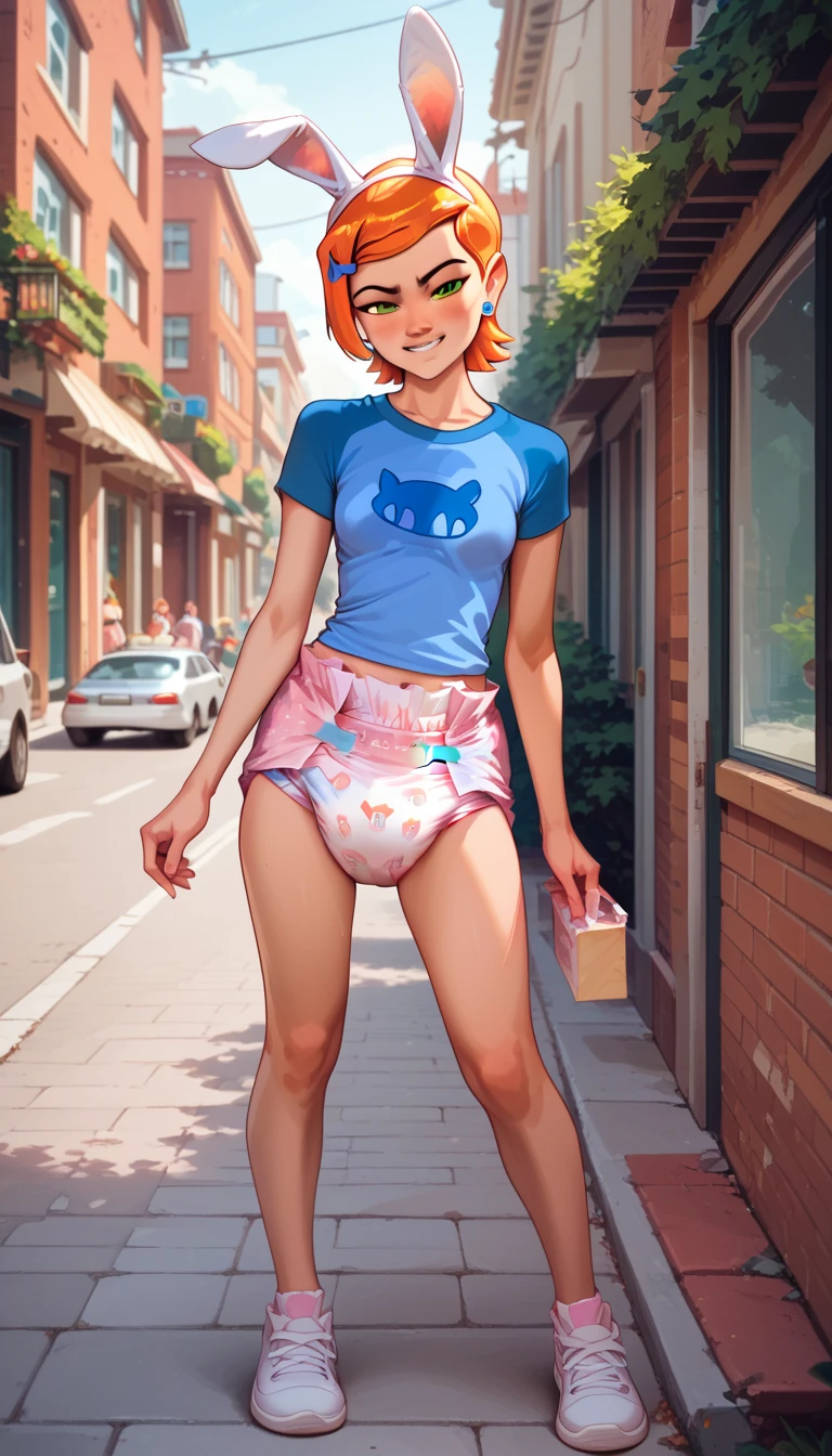 gwen tennyson (/Ben10)/,(ultra HD quality details), bright orange hair, short hair, (green eyes), stands on the sidewalk, smiling at viewer, no pants, diaper, rabbit print, front-print diaper, abu bunnyhopps, diaper, back-print diaper, thick diaper exposed, diapered in public, diaper girl
