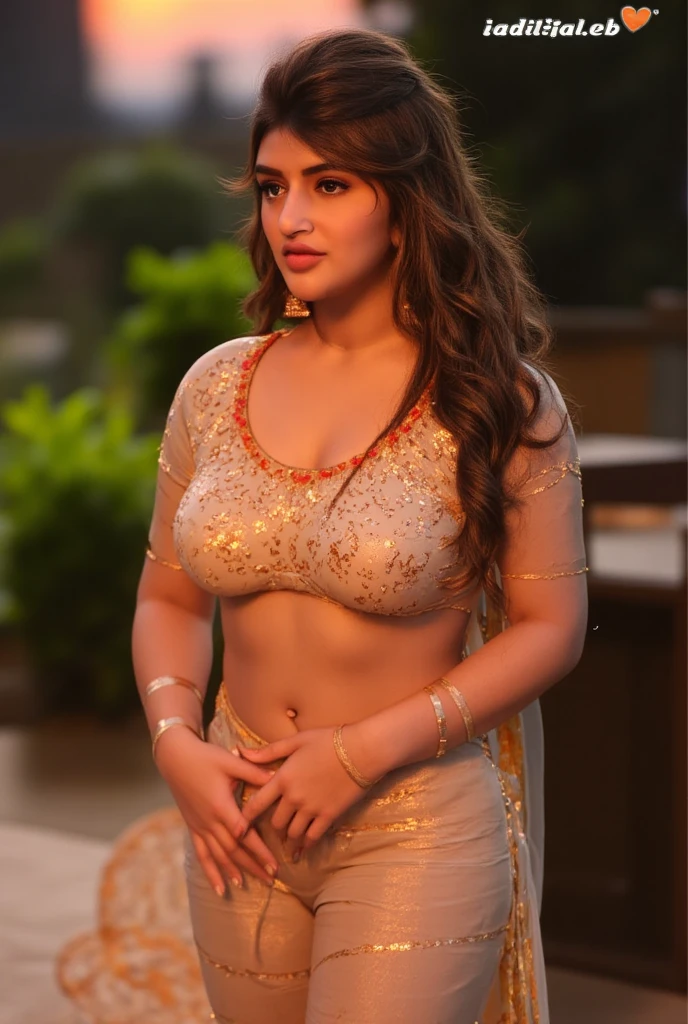 night scene, extreme close up photo of sexy indian, big cheeks, curvy, hourglass figure, swooping breasts, deep cleavage, standing on road holding a torch light near truck, ponytail, necklace, white and gold see through strapless saree, look at viewer and subtle smile, (cinematic:1.3), intricate details, (ArtStation:1.2)