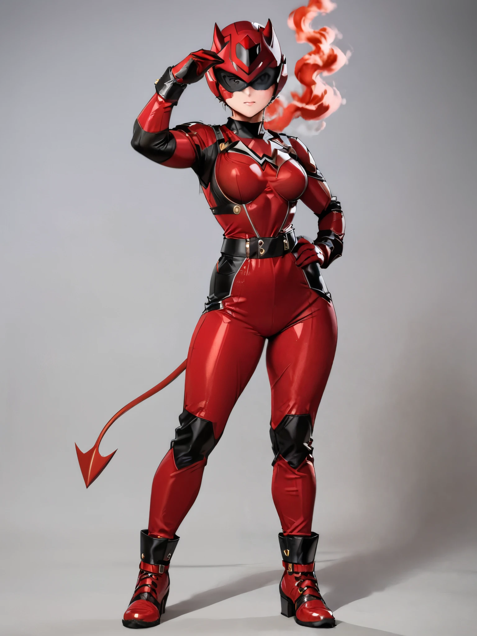 (My Hero Academia Style), (High quality), masterpiece, best quality, 1girl, solo, (Power Ranger suit), (Red Power Ranger Suit), (Red Ranger Suit), Red hero costume suit, futuristic neon red armor with bright gold details, Hero pose, Red Devil Ranger Helmet, thin devil horns, (black knee and elbow pads), (black studded shoulder pads), (black studded boots and gloves), (black belt with pockets), (wide hips), (wide thighs), (medium breasts), (slim waist), (wide hips), (medium thighs), bright Golden eyes, (athletic body), Head covered, Face covered, Perfect hands, Perfect anatomy, Full Body Photo: 1.5, Looking at Viewer, Devil's tail, Simple background, red smoke,