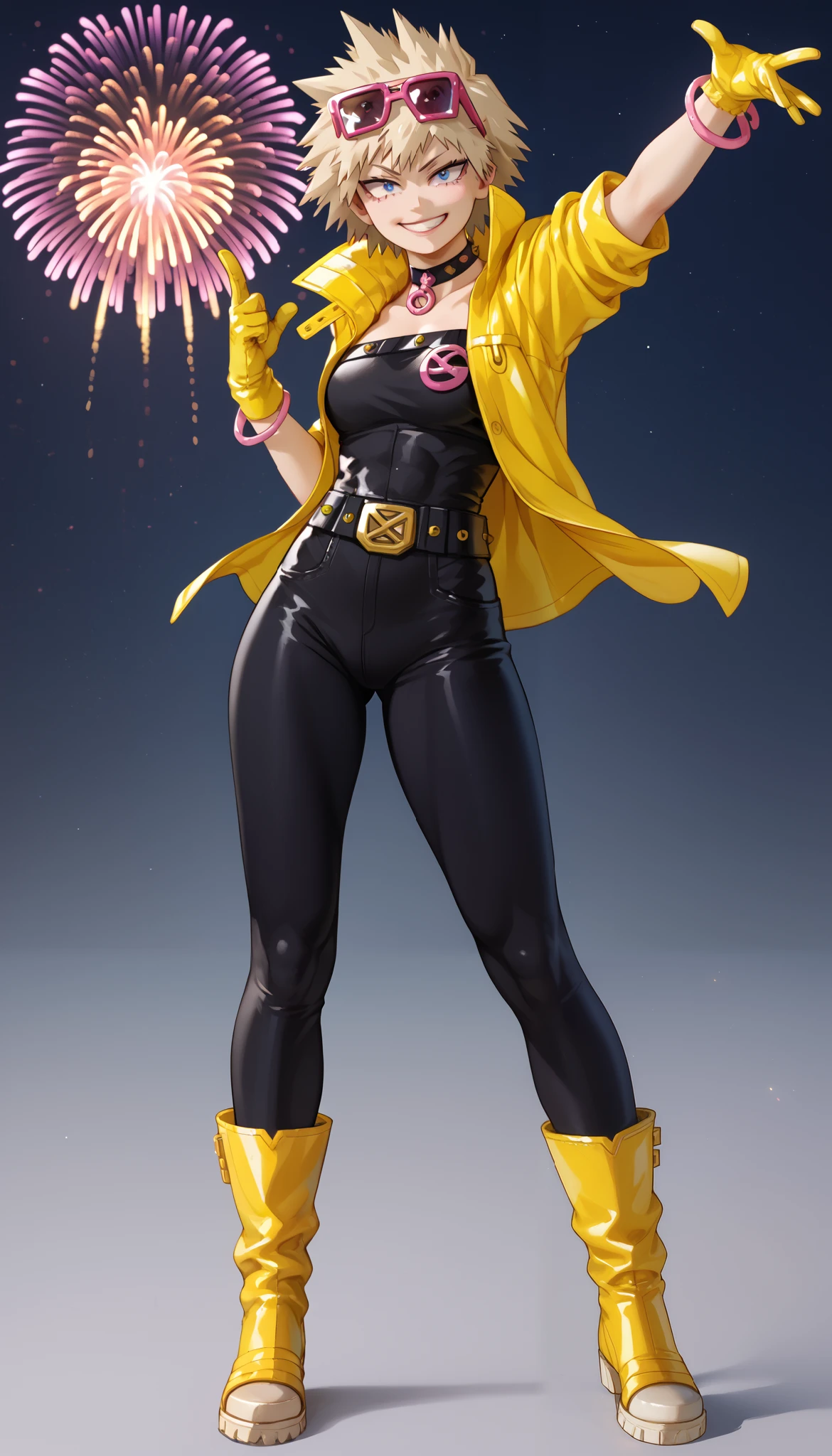 (Highest Quality), (My Hero Academia Style), 1girl, solo, Anthro, standing, fullbody photo:1.5, (Katsuki Bakugou), (Young Girl), (), Jubilee, blonde hair, spiked hair, spiked ponytail, blue eyes, (Black full body suit with pink lines), Yellow raincoat, (Yellow gloves with black), eyewear on head, smirk, perfect face, Slim waist, thighs, wide hips, Pink Eyewear on head, Colorful fireworks sparks, simple background, heroic pose, looking at viewer, yellow thigh-high boots,