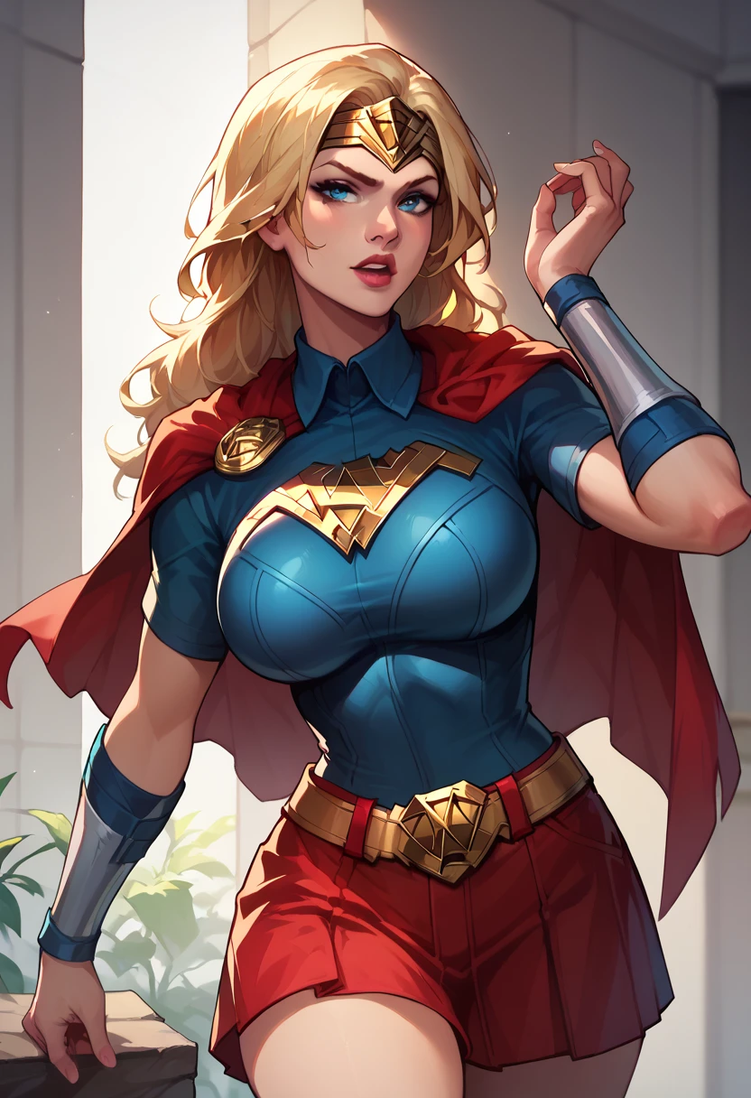 (Best quality)), ((Masterpiece)), ((Realistic)), (Detailed), Detailed face,supergirl Beautiful woman (20 years old, Long blonde hair, Blue eyes) Defined body, Detailed, using tube dress cosplay supergirl suite,(((Huge breasts)))