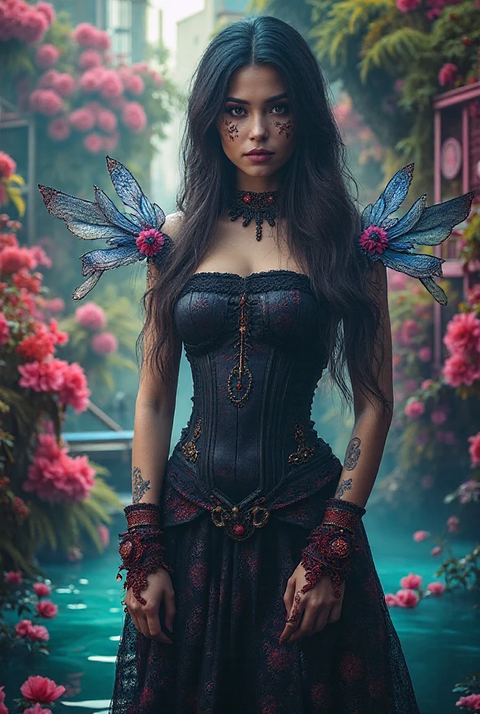 high details, best quality, 16k, RAW, [best detailed], masterpiece, best quality, (extremely detailed), full body, ultra wide shot, photorealistic, dark fantasy art, goth art, RPG art, D&D art, a picture of a dark female fairy in a goth church extremely beautiful fairy, ultra feminine (intense details, Masterpiece, best quality), best detailed face (intense details, Masterpiece, best quality), having wide butterfly wings, spread butterfly wings (intense details, Masterpiece, best quality), dark colors wings (intense details, Masterpiece, best quality), black hair, long hair, shinning hair, flowing hair, dark smile, wicked smile, blue eyes, dark red lips, wearing [red] dress latex corset (intense details, Masterpiece, best quality), dynamic elegant dress bondage gear, chocker, wearing high heels, (intense details, Masterpiece, best quality) a dark goth era street background, dim light, cinematic light, gaslight lamp light, High Detail, Ultra High Quality, High Resolution, 16K Resolution, Ultra HD Pictures, 3D rendering Ultra Realistic, Clear Details, Realistic Detail, Ultra High Definition hihelz
