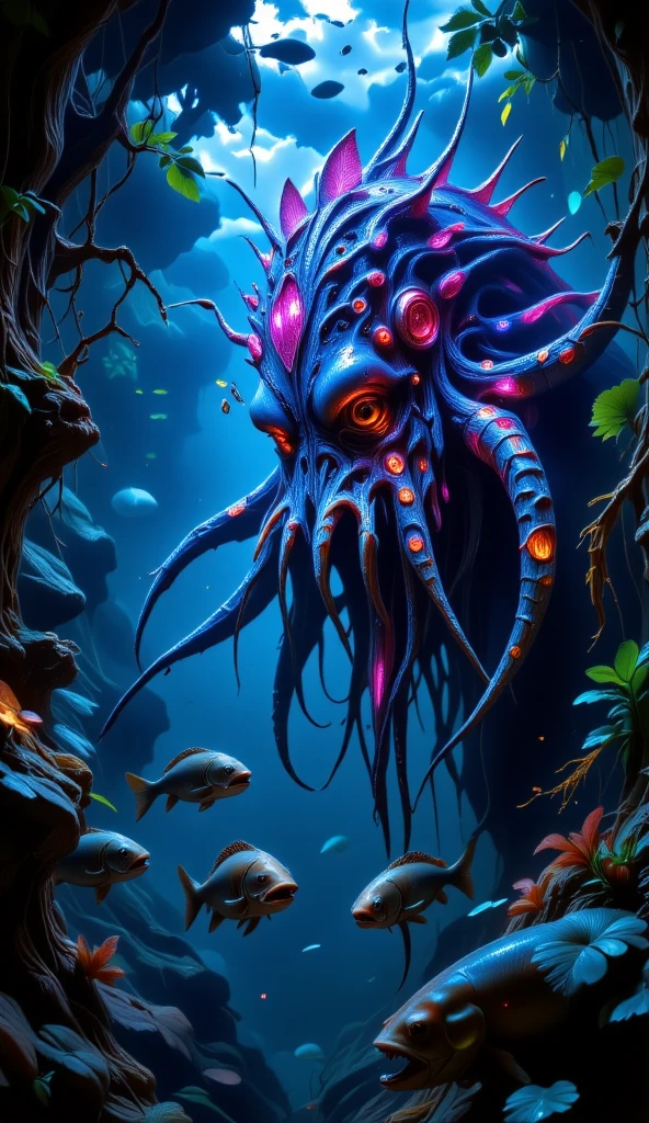 Dream illustration, fairy tale, oil painting, 8k, High definition, a large angry kraken, fund, beautiful lush jungle, High definition, doradas, yellow light, Light teal, magenta red, luz roxa, moonlight colors, Cold Lighting Atmosphere (digital drawing:1.2), comic style, cartoon-like, illustrative funk, graffiti retroonda, Perspective view, Close extremo do rosto, tee shirt graphic, ultra HD, realisitic, bright coloured, highy detailed, UHigh definition drawing, pen and ink, perfect composition, linda, detailed, intricate, insanamente detailed, octane rendering trend in artstation, 8k artistic photography, photorealisitic concept art, soft natural volumetric cinematic perfect light