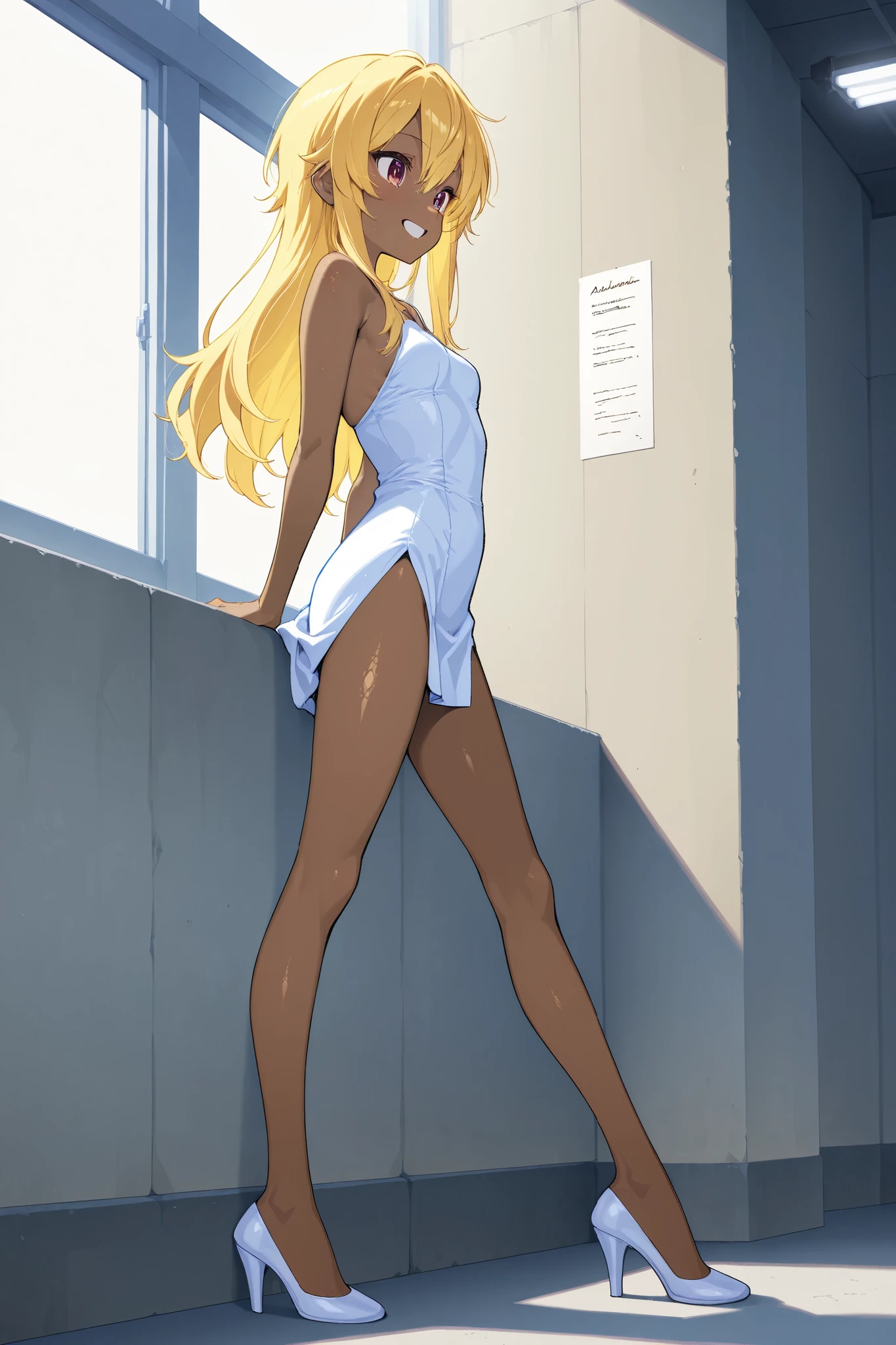 A high school girl is riding a Honda 　repsol  　 MotoGP ,  matte brown skin , small breasts, video,   yellow hair  ,  invitation, top quality,  textured skin,  thin legs 、 High Heels、 MOVIE LIGHT EFFECT, 