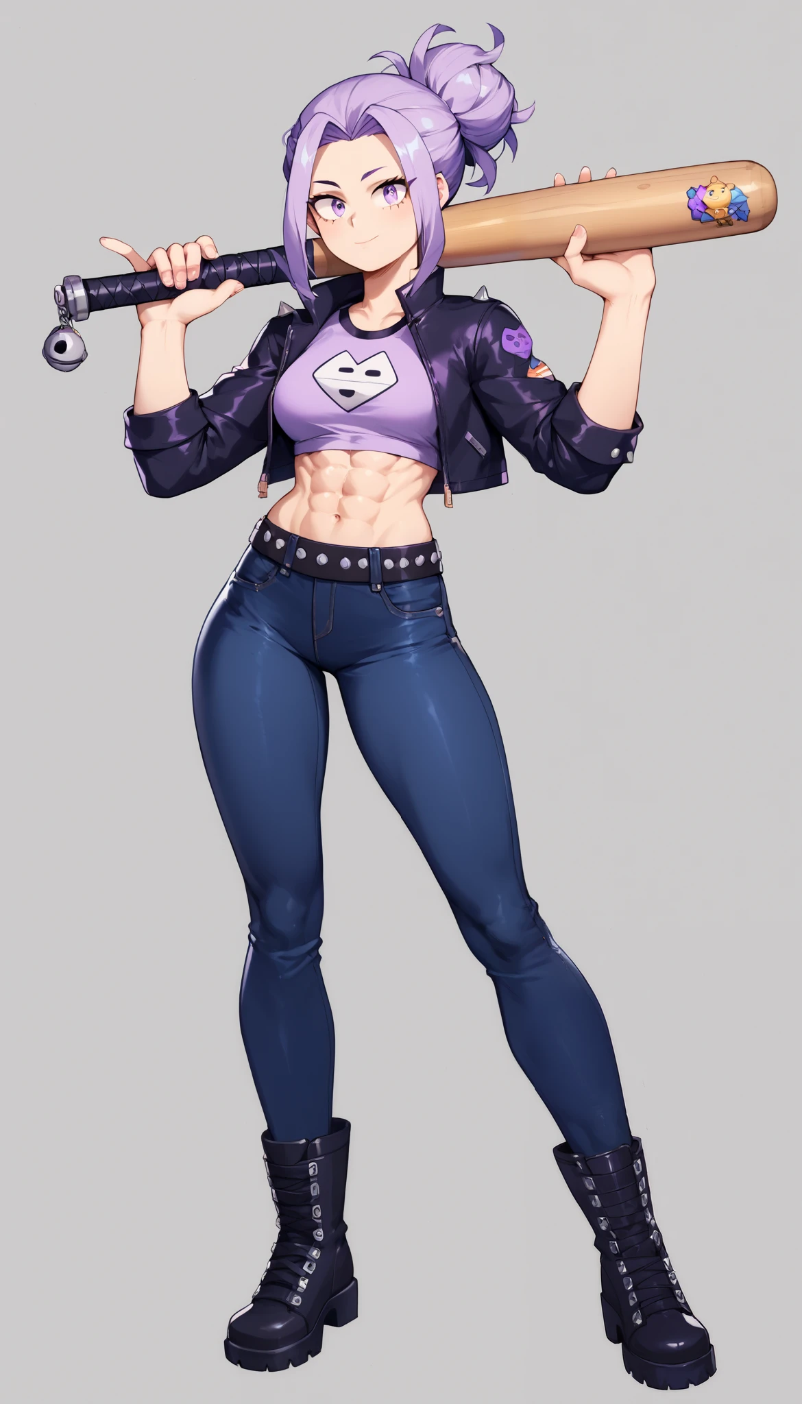 (My Hero Academia Style), (High Quality), 1Girl, Solo, (Bibi), Brawl Stars, (Athletic body), (Dark purple cropped jacket), (light lilac crop top), (black loose mid-rise jeans), (Polenta hairstyle), baseball bat in his hand, perfect hands, perfect face, perfect anatomy, Abs, exposed abdomen, Wide hips, slim waist, wide thighs, medium breasts, wide calves, black biker boots, Black big studded belts, Simple background, Full body photo: 1.5, (purple eyes),
