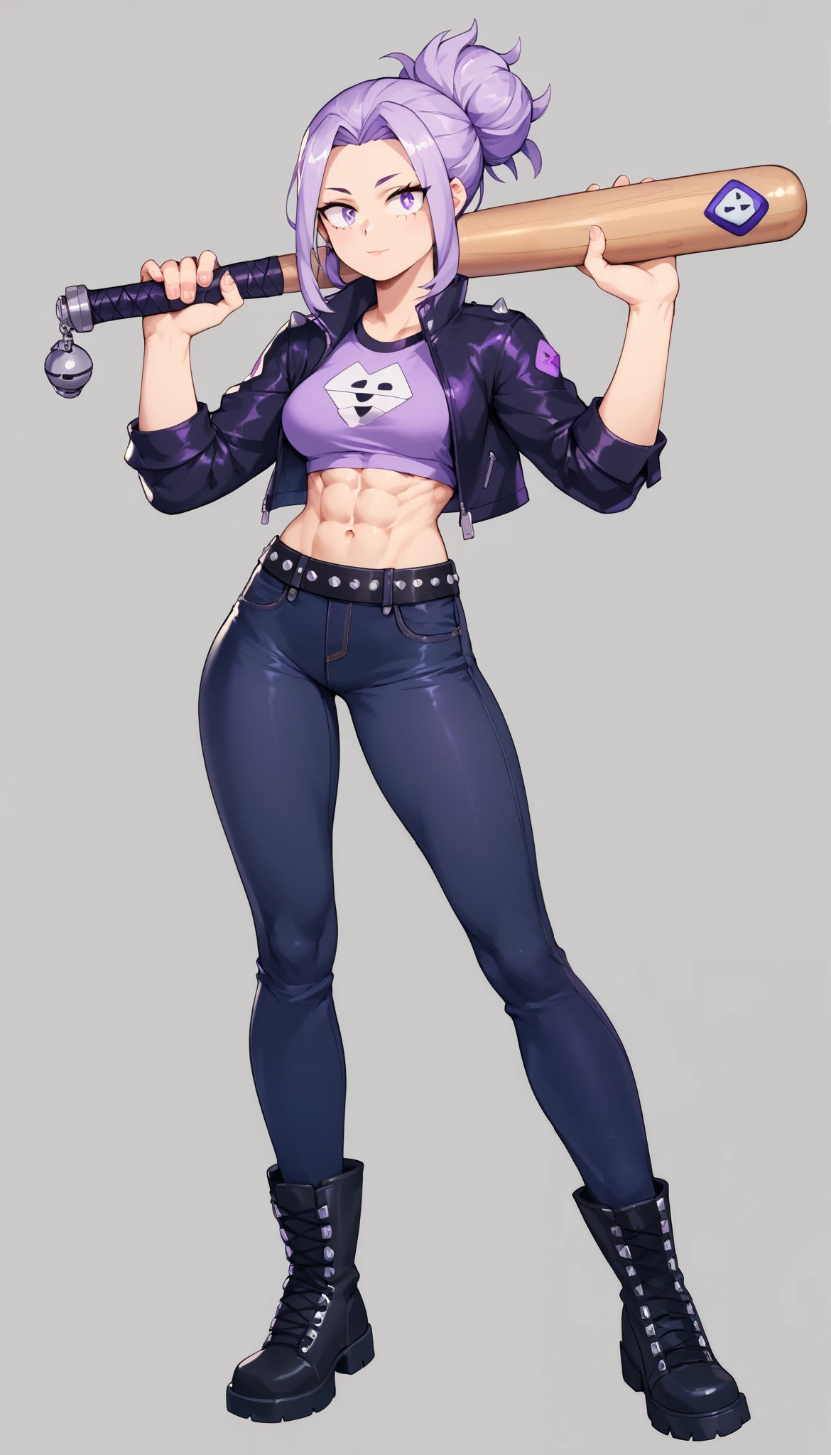 (My Hero Academia Style), (High Quality), 1Girl, Solo, (Bibi), Brawl Stars, (Athletic body), (Dark purple cropped jacket), (light lilac crop top), (black loose mid-rise jeans), (Polenta hairstyle), baseball bat in his hand, perfect hands, perfect face, perfect anatomy, Abs, exposed abdomen, Wide hips, slim waist, wide thighs, medium breasts, wide calves, black biker boots, Black big studded belts, Simple background, Full body photo: 1.5, (purple eyes),