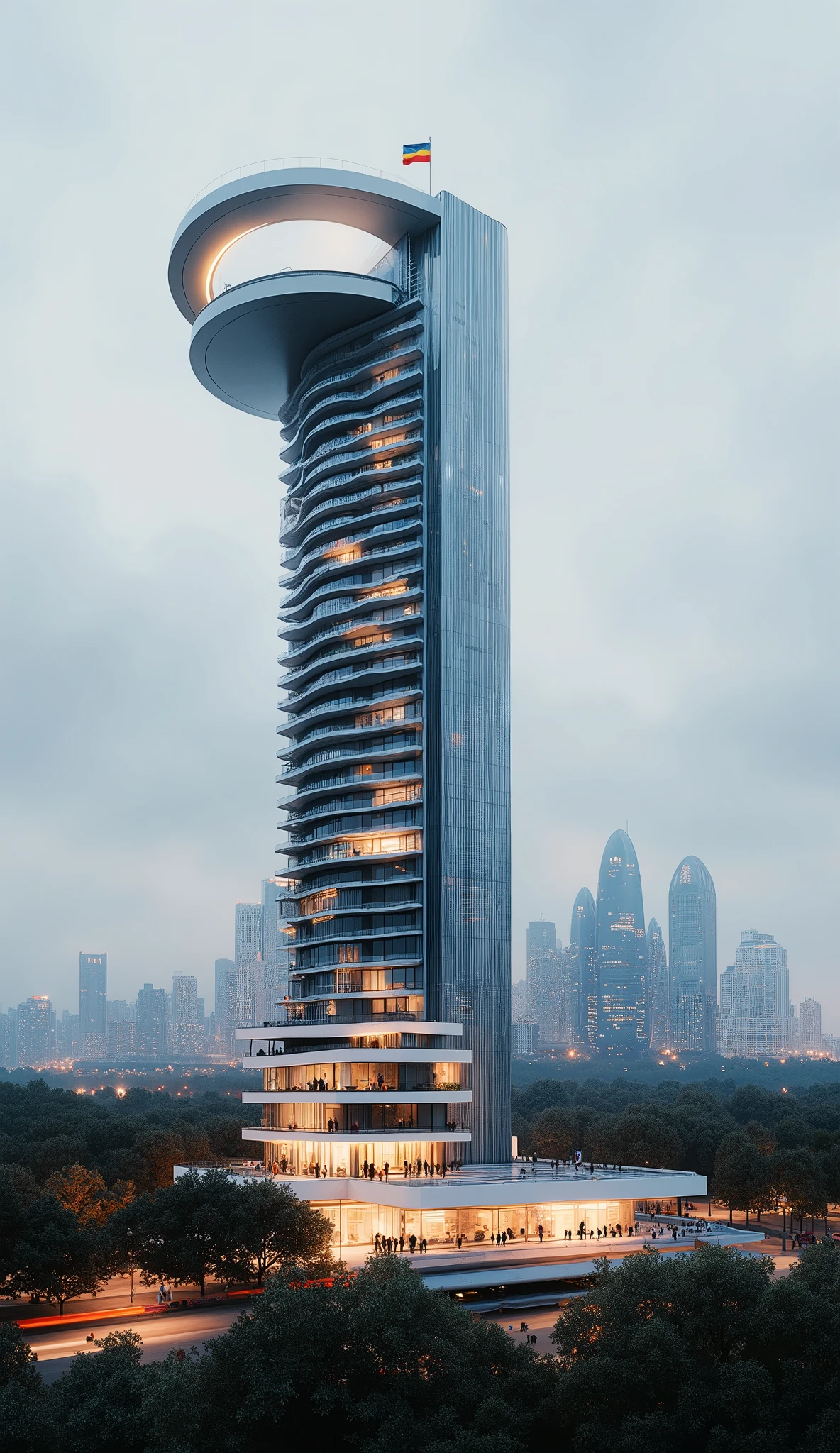 futuristic city, towering building with elegant curves, hollow,  advanced architecture, day light, cloudy sky, cityscape, green areas, trees,  night view,  lights, and white cloud, small Ethiopian flag on top of building photorealistic, 8k, realistic, by zaha hadid, openings, balconies,  by zaha hadid and norman foster,  ring shaped at top, night light.  Top rotating floor , balconies 