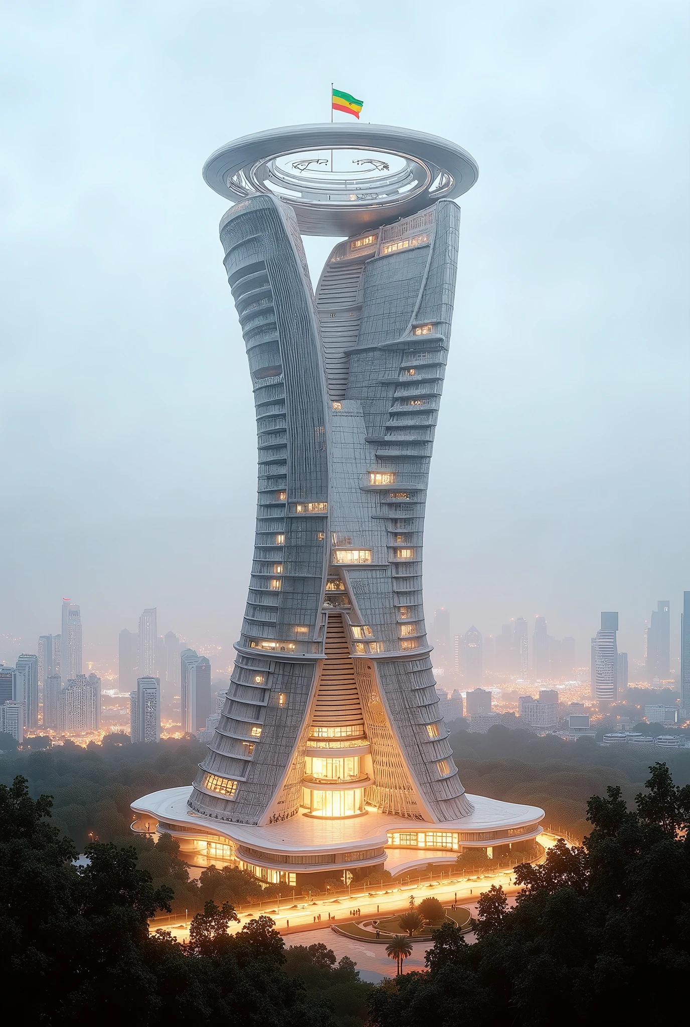 futuristic city, towering building with elegant curves, hollow, advanced architecture, day light, cloudy sky, cityscape, green areas, trees, night view, lights, and white cloud, small Ethiopian flag on top of building photorealistic, 8k, realistic, by zaha hadid, openings, balconies, by zaha hadid and norman foster, ring shaped at top, night light. Top rotating floor , balconies