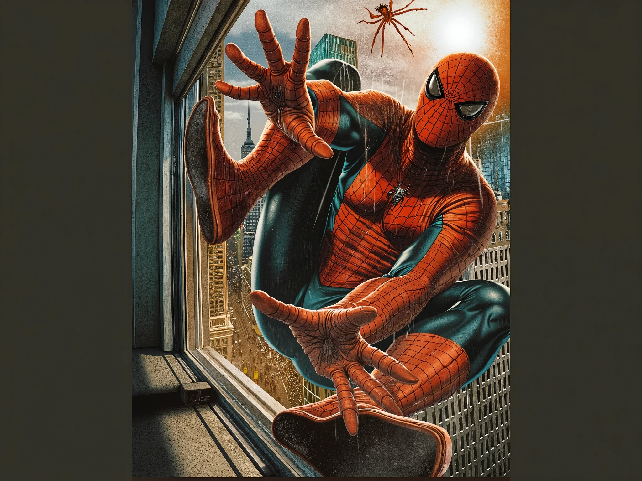 A spider man sticking in the wall 