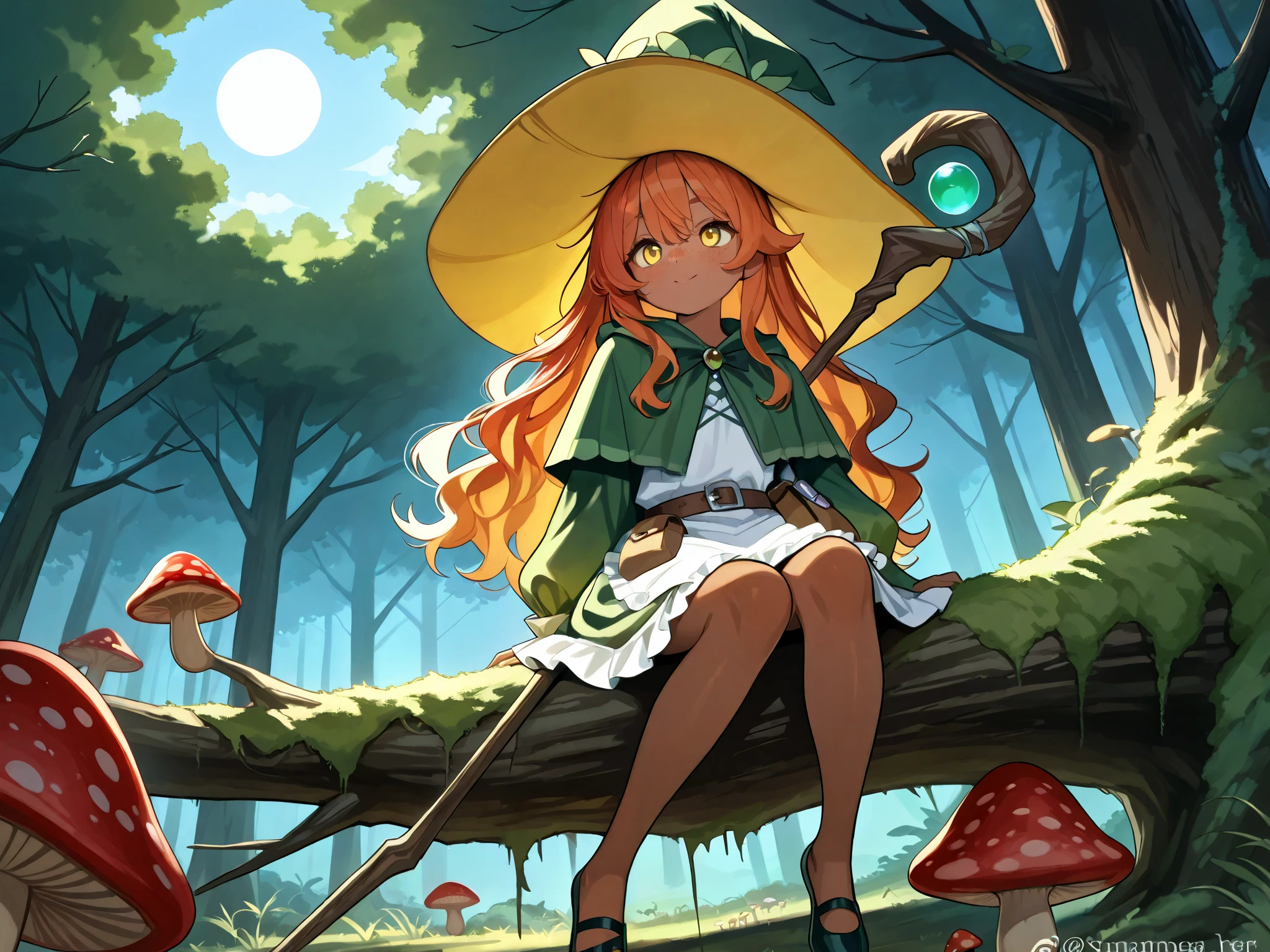 a witch with tanned dark skin covered with freckles. She has yellow whites of her eyes and scarlet irises. She has loose ginger red wavy hair, long to her feet. She wears a swampy green medieval witch's dress and an apron with two pockets. You're wearing a potion belt. There is a bag over her shoulder with medicinal herbs sticking out of it. She has pointy witch's shoes. She wears a fly Agaric hat on her head. In her hand she holds a staff in the shape of a tree branch overgrown with moss. she wanders in the forest where big mushrooms grow.