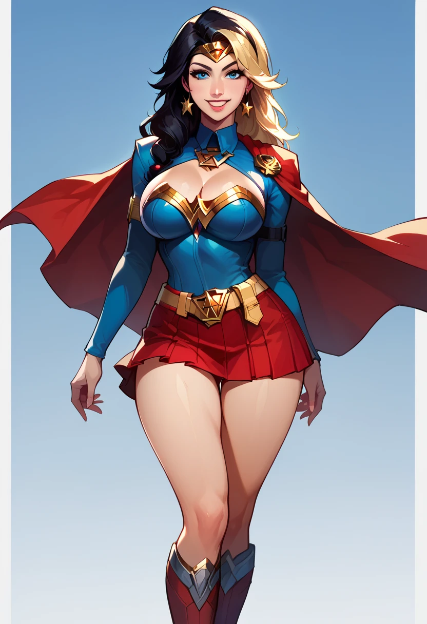 American World War II poster, Gil Elvgren style, (cute smile), ((USA Poster, American Poster)) (((A young woman with straight dark hair long size up to her waist in superhero pose))) ((detailed outfit entirely red with gold)) (cars in the background of the image) (((robotic left arm)) (((cyberpunk arm))propaganda Poster, hero uniform, SUPERGIRL UNIFORM, 1 girl, solo, good body, poster design,  poster art style. 1980s, 1950s, 1960s, 1940s, basic color scheme, very colorful poster, colorful art, third rule, inspiring, woman, 1 25-year-old girl, hair blowing in the wind, looking at the viewer, blurred background, thick legs, green eyes, (wide hips:1.2), (chubby:1.2), (huge breasts:1.3),