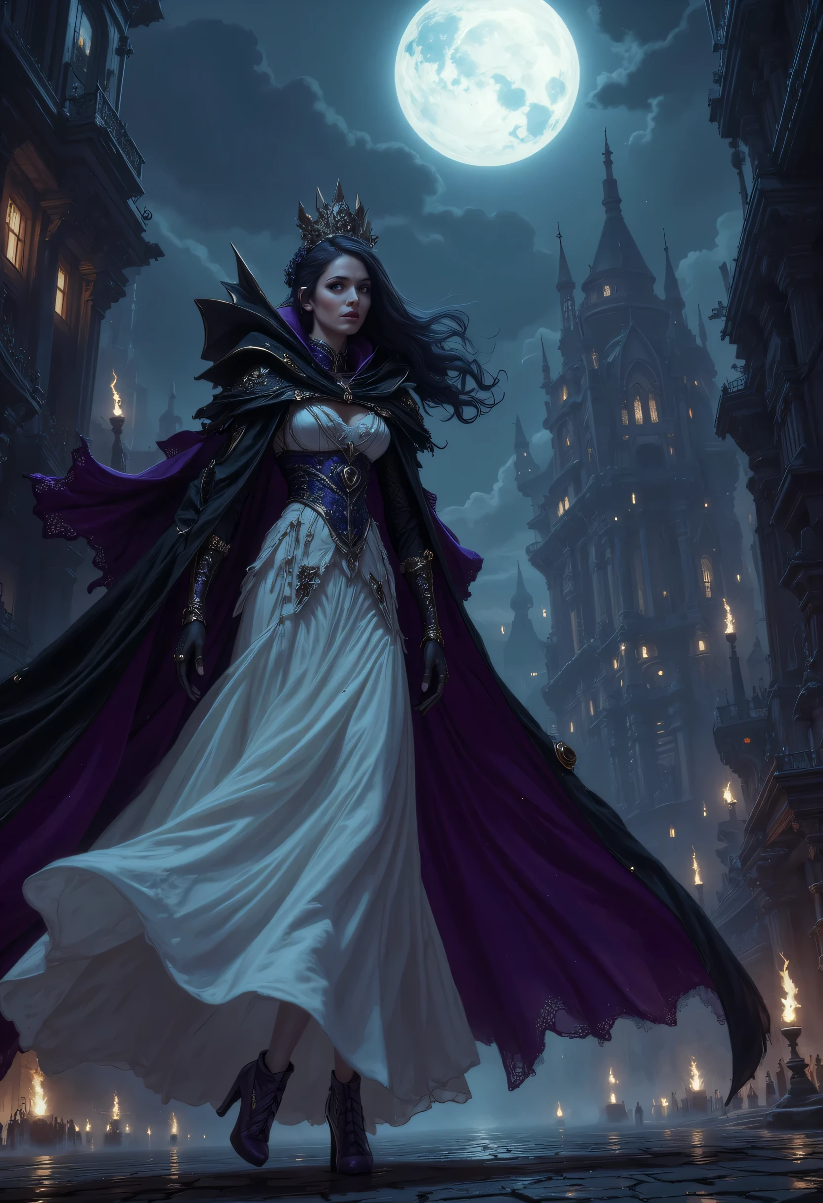 comic art, fantasy art, RPG art, ultra wide shot, a picture of a vampire queen walking in a windy day, in the big city, a beautiful mature vampire queen, elegant vampire, dynamic hair color, dynamic hair style, wearing intricate white silk dress,  billowing in the wind, flowing purple cloak, high heels,  standing in goth city at night, windy night, goth buildings, lit by torches, moon in the sky, 16k, [ultra detailed], masterpiece, best quality, (ultra detailed), full body, ultra wide shot, zavy-ctcmcs
