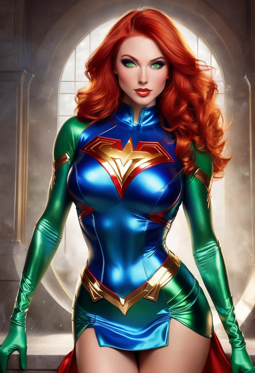 a beautiful female superhero. red hair green eyes wears a red and blue dress which shows her legs in the front but is longer in the back with a small A symbol above her waist. wears golden high heel boots. wears blue gloves that go to her elbows portrait photography by artgerm, in the style of realism, glistening skin, , natural lighting, Defined full lips. Muscular fitness feminine body