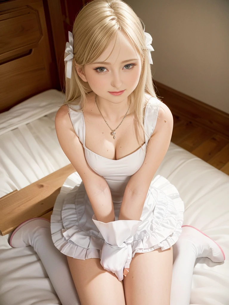 1girl in, (Solo:1.2), (Cowboy Shot:1.2), (Beautiful and detailed eyes description), (beautiful and detailed face), Perfect female body, neat figure, Slender waist, (Young Girl), (20 years old), Long hair, Platinum Blonde Hair, Very big eyes, Blue eyes, medium breasts, blush, Shy, watery lips, Nurse, (Transparent Nurse Dress), Nurse Cap, Unbuttoned, (White Gloves:1.2), (White pantyhose), high-heels, Necklace, earrings, Indoors, school nurse, Hospital bed, window, White curtains, Sunlight, Squatting, (Best Quality), (ultra-detailliert), (masutepiece), (hight resolution), (Original), (the Extremely Detailed CG Unity 8K Wallpapers), Character Design, Game CG, Detailed Manga Illustration (NSFW)