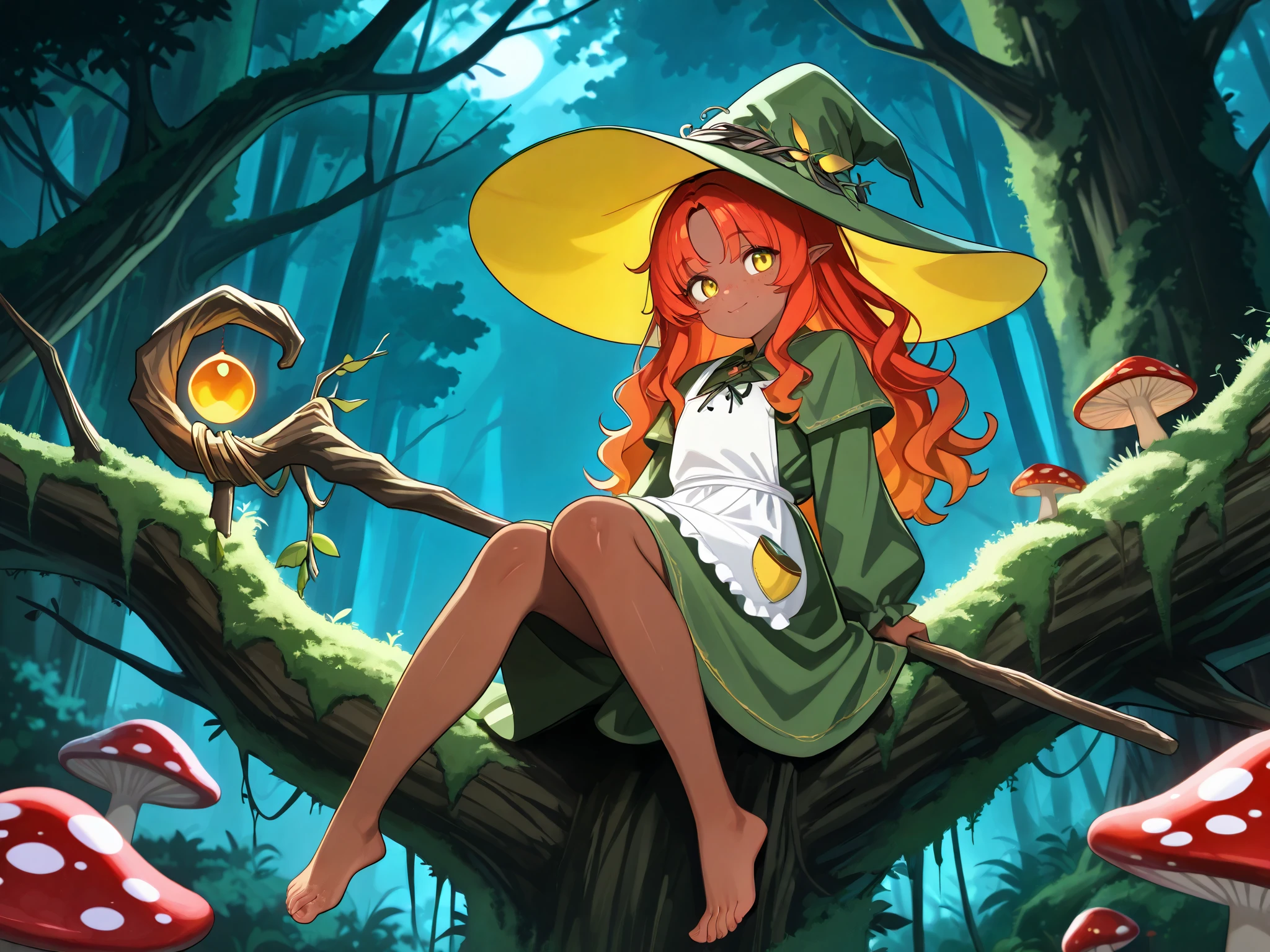  a witch with tanned dark skin covered with freckles. She has yellow whites of her eyes and scarlet irises. She has loose ginger red wavy hair, long to her feet. She wears a swampy green medieval witch's dress and an apron with two pockets. You're wearing a potion belt. There is a bag over her shoulder with medicinal herbs sticking out of it. She has pointy witch's shoes. She wears a  fly Agaric hat on her head. In her hand she holds a staff in the shape of a tree branch overgrown with moss. she wanders in the forest where big mushrooms grow.
