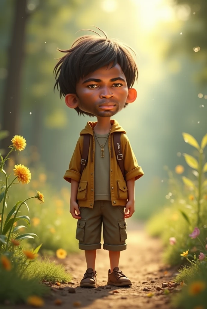 Dark skinned boy looking up with bored face and holding a hoe, seen from the front, beautiful and lively illustration, and also expressive, normal clothes
