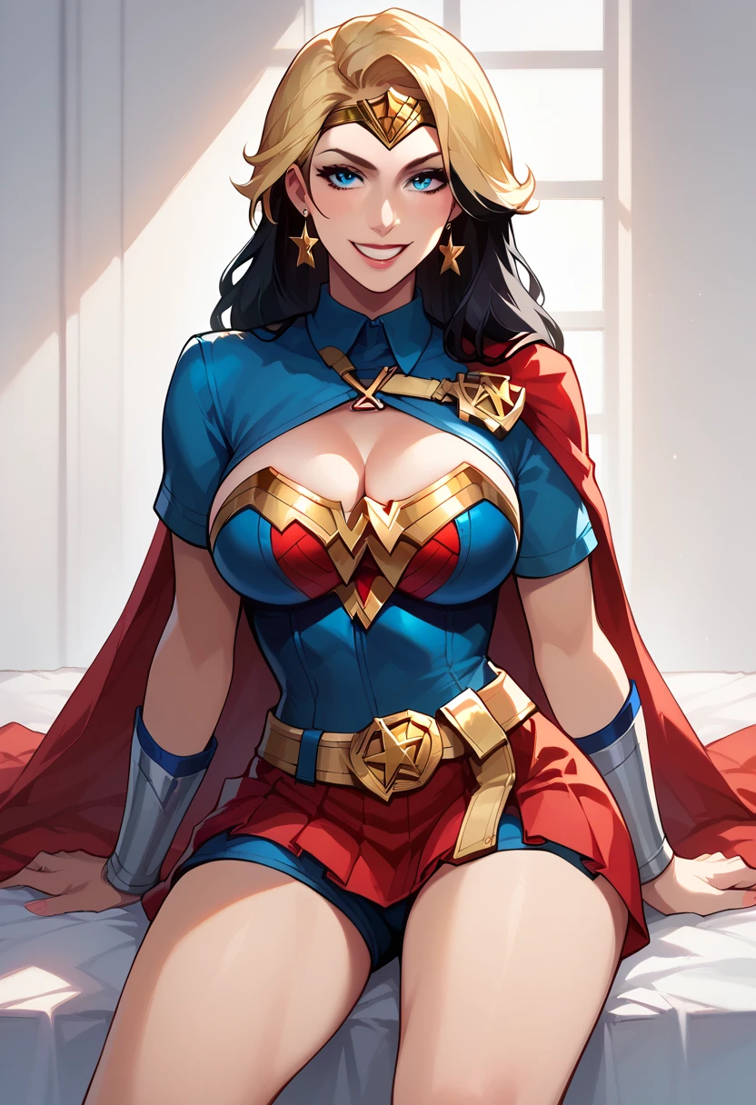 Sleeping wonderwoman, ripped costume, huge natural breasts, Victorian bedrom