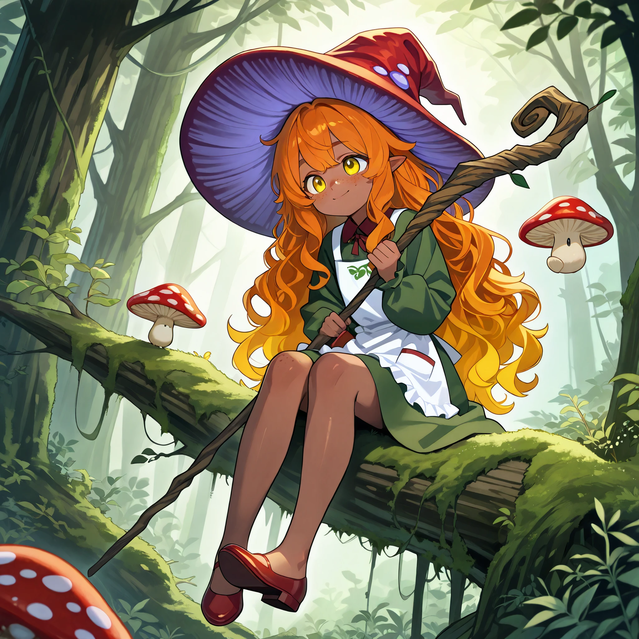 a witch with tanned dark skin covered with freckles. She has yellow whites of her eyes and scarlet irises. She has loose ginger red wavy hair, long to her feet. She wears a swampy green medieval witch's dress and an apron with two pockets. You're wearing a potion belt. There is a bag over her shoulder with medicinal herbs sticking out of it. She has pointy witch's shoes. She wears a fly Agaric hat on her head. In her hand she holds a staff in the shape of a tree branch overgrown with moss. she wanders in the forest where big mushrooms grow.