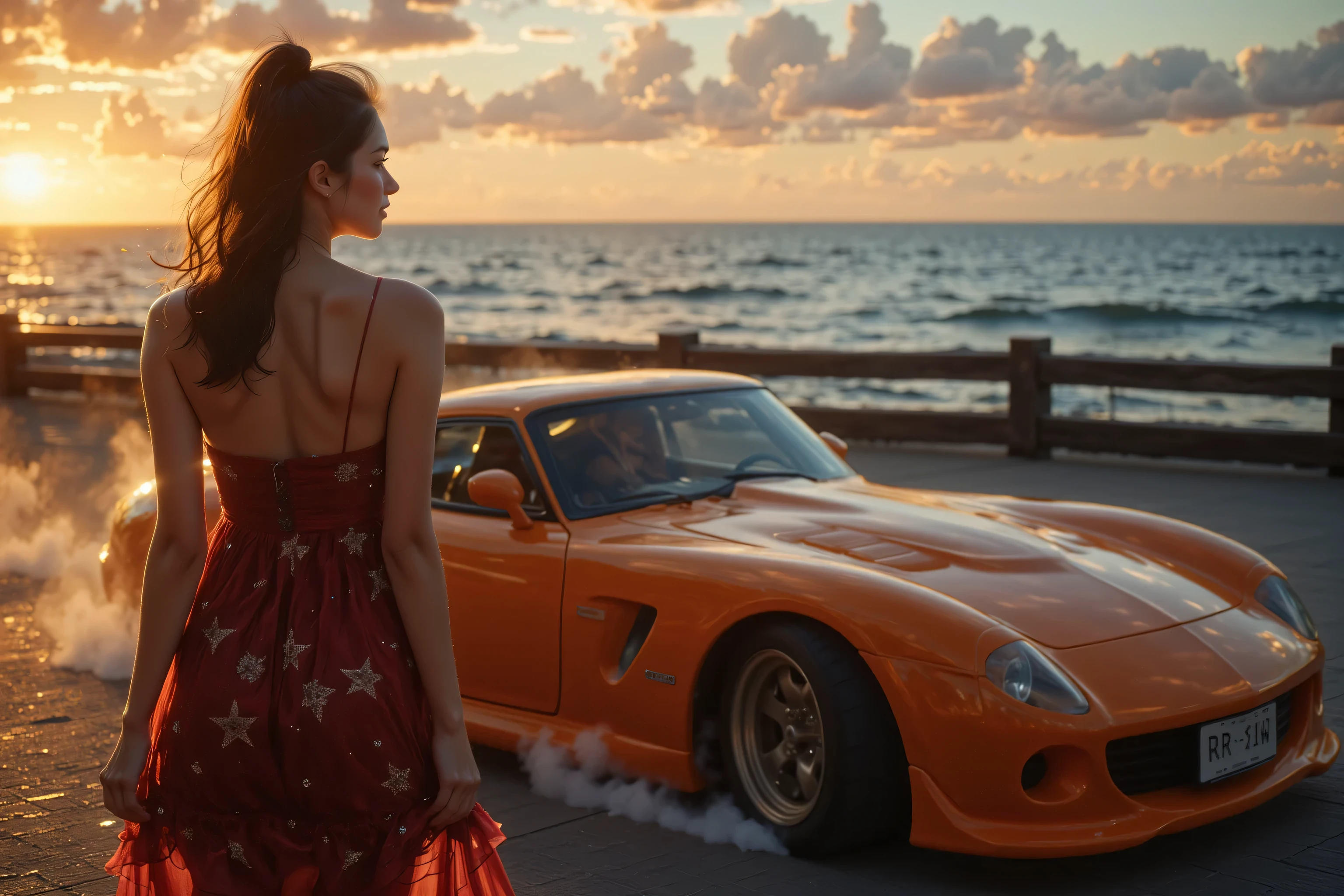 (( Masterpiece , Highest quality, Highest image quality, high resolution, photorealistic,  RAW Photo, Extremely detailed combined CG 8k)),
road trip at sunset  Masterpiece , great quality, twilight, shadows, superdetailed,  Masterpiece , high quality photo, film grain size, superdetailed, video shooting,  focus on the chest,  Expressive, concept art,   dark theme , parking by the sea , wallpapers Woman posing next to a vintage sports car,  Beautiful woman,  dress ,