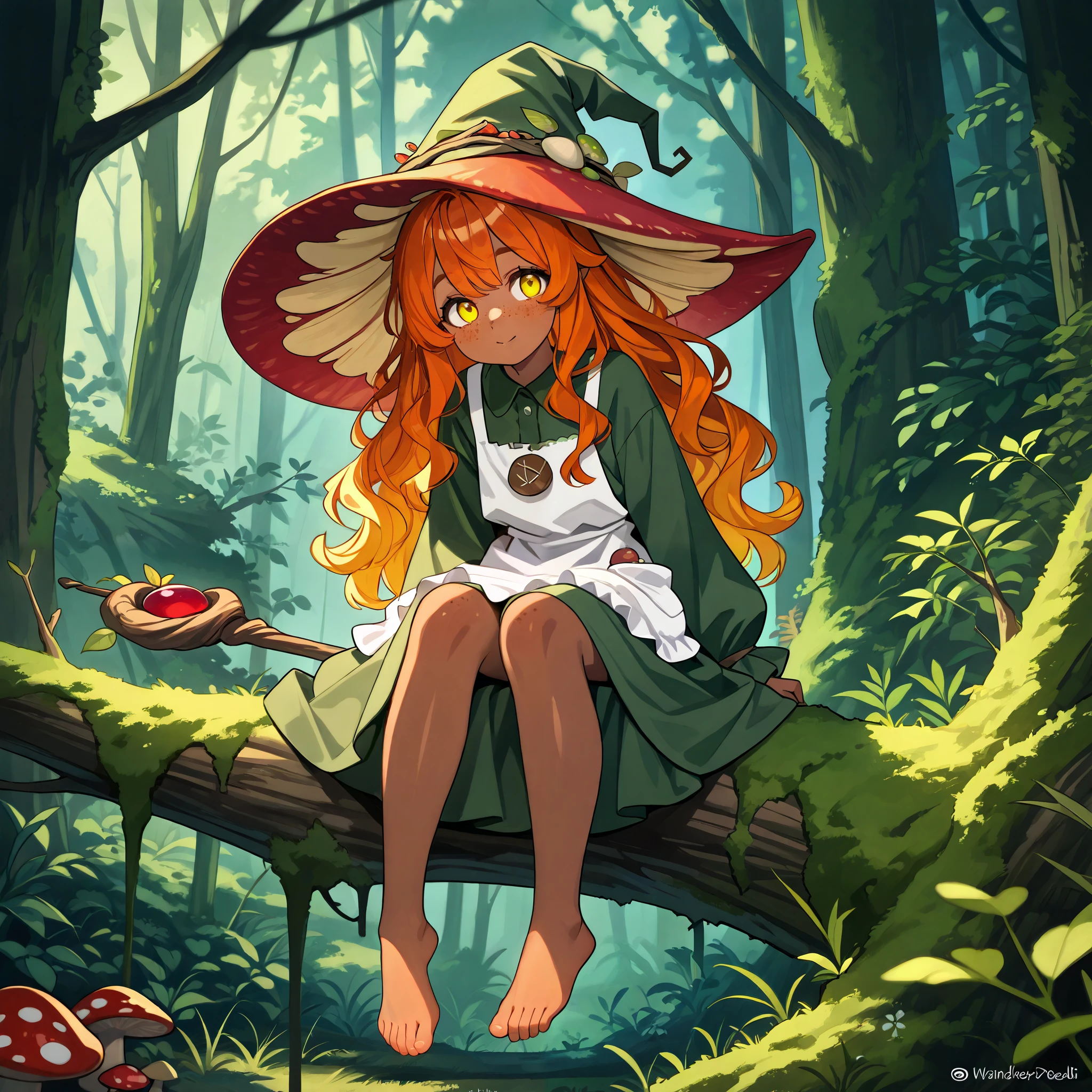  a witch with tanned dark skin covered with freckles. She has yellow whites of her eyes and scarlet irises. She has loose ginger red wavy hair, long to her feet. She wears a swampy green medieval witch's dress and an apron with two pockets. You're wearing a potion belt. There is a bag over her shoulder with medicinal herbs sticking out of it. She has pointy witch's shoes. She wears a  fly Agaric hat on her head. In her hand she holds a staff in the shape of a tree branch overgrown with moss. she wanders in the forest where big mushrooms grow.