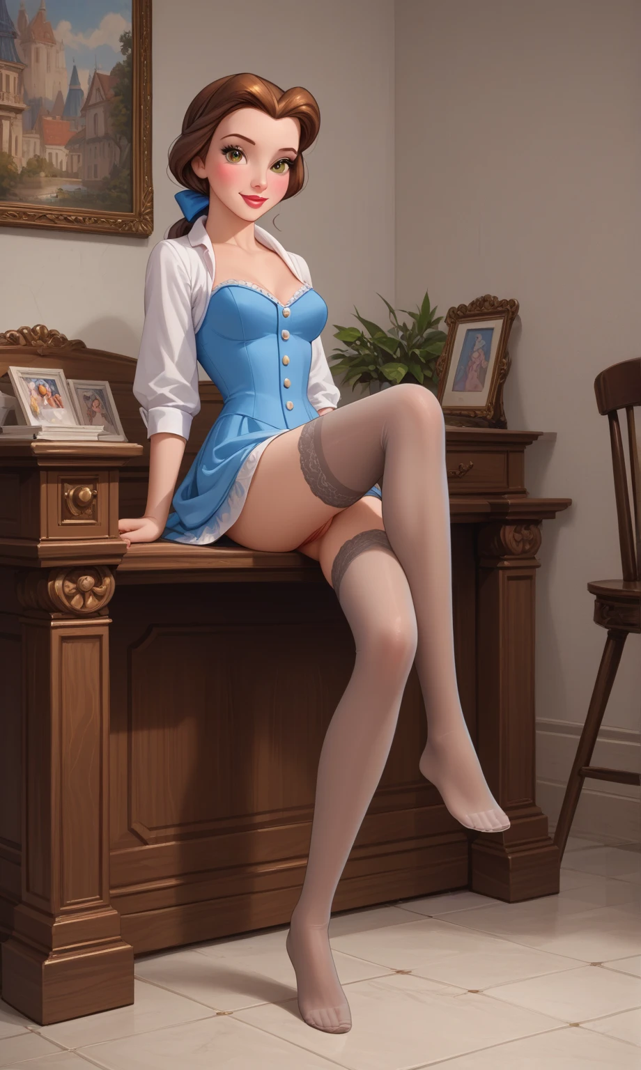 (masterpiece:1.4), (best qualit:1.4), (high resolution:1.4), elsa of arendelle, bedroom, lingerie, one raised eyebrow, legs, blushing, head tilt, cutebarefoot, 5 toes, blue toe nails, Focus full body, sitting on a chair, tied ankles together,tied arms, 