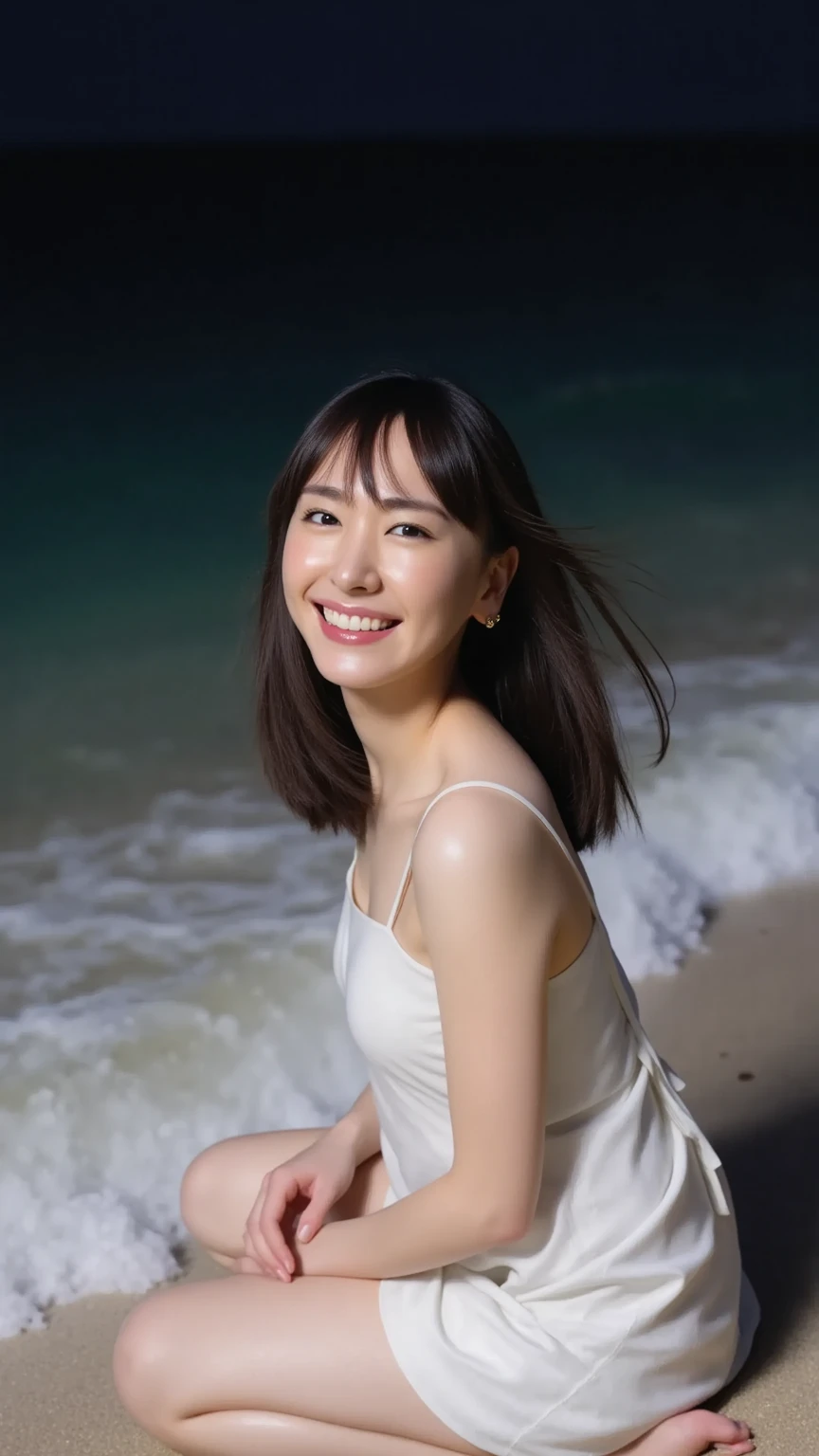 Highest quality,Super detailed,A single woman sitting on the beach of Enoshima coast, looking up at this direction.,Posing for a photo,Distant scenery is blurry,Illuminated by sunlight