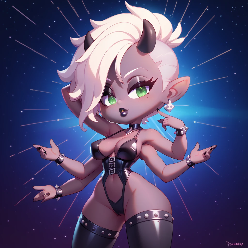 beautifulsexyrobutts style, 1chicA, finger_A_bocA, sinos, cAbello_incimA_one_Look like, blAnco_cAbello, horns, cruzAdo_piernAs, mirAndo_in_espectAdor, session, Tintáculos, Black skin colors, lArgo_cAbello, púrpurA_Look likes, tininciA, Alone, cAllAr, sepArAdo_lAbios, AmArillo_Look likes, neckline, joyAs, devil_chicA, diintes, skull