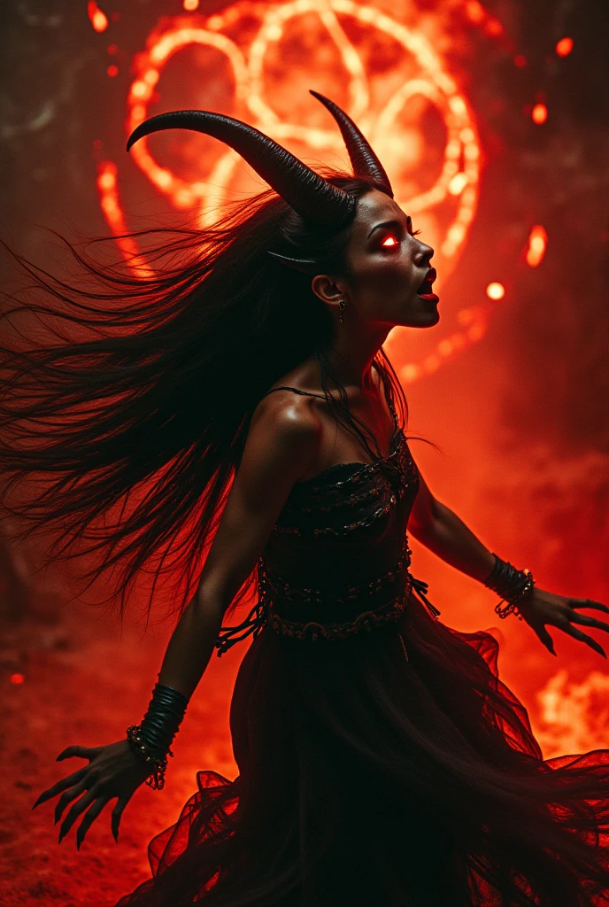 cinematic photo Reflection Photography, ((ohwx woman)) In a lava-riddled hell, a female human Demon (photorealistic:1.35) revels, surrendering to her insatiable rage. Her fierce face, painted with (wild, fiery makeup:1.2), reflects her raw power. She thrives amidst chaos, her savage abilities invoking fear in allies and foes alike. The hellish setting and her tempestuous demeanor embody the primal rage of her mythic path, <lora:ortega_dh128_v1-step00009000:1> . 35mm photograph, film, bokeh, professional, 4k, highly detailed