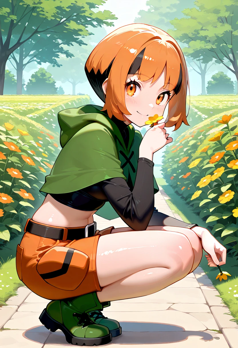 <lora:character_pokemon_gardenia_v1:0.5> forest, 1girl, character_pokemon_gardenia, solo, sitting, on bench, hands on own thighs, from behind, from above, looking back, looking at viewer, smile, closed mouth, poncho, cropped shirt, long sleeves, midriff, shorts