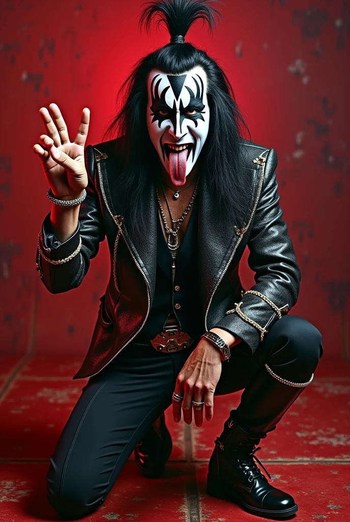 Candid video of The Dark Knight Joker with iconic makeup, dark eyes, and red smile stands at the microphone center stage, capturing a raw and chaotic energy. Surrounding him, Gene Simmons and the rest of Kiss are in their flamboyant heavy makeup and leather outfits accented with spikes. The lighting is dramatic, with strong spotlights and colored beams cutting through the darkness to highlight the performers. The stage is full of movement, with the Joker gesturing wildly and Simmons sticking out his long tongue, creating a charged atmosphere of rebellion and frenetic excitement. Candid, high-energy rock concert, combining the dark, chaotic aesthetic of The Dark Knight's Joker with the flamboyant, theatrical style of Gene Simmons and Kiss. High contrast lighting, intense facial makeup, and dynamic stage presence. --style raw --s 0 --ar 10:16 --v 6.0