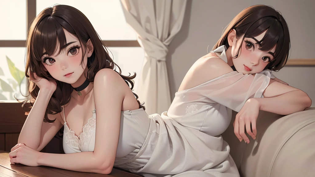 (((2 girls))), (((different faces and hair color))), ((erotic motion on the bed)), fullbody view,((erotic posing)),Dynamic posing,Arrange pose,dramatic,detailed background,dynamic angle,Hard NSFW, Show Legs,超A high resolution,Transparent hair,High Detail Hair, Sharp eye makeup, Delicate makeup for eyelashes, Thin eyebrows, ultradetailed eyes, Rose cheeks, Face with delicate makeup , Pretty Face, A perfectly proportioned face,full-body view,overall look is very erotic, Large round chest、Beautiful eye details、Very slender eyes、Beautiful eyelashes、beautiful double eyelid, creamy silk robe, lace pearl white bra and panties