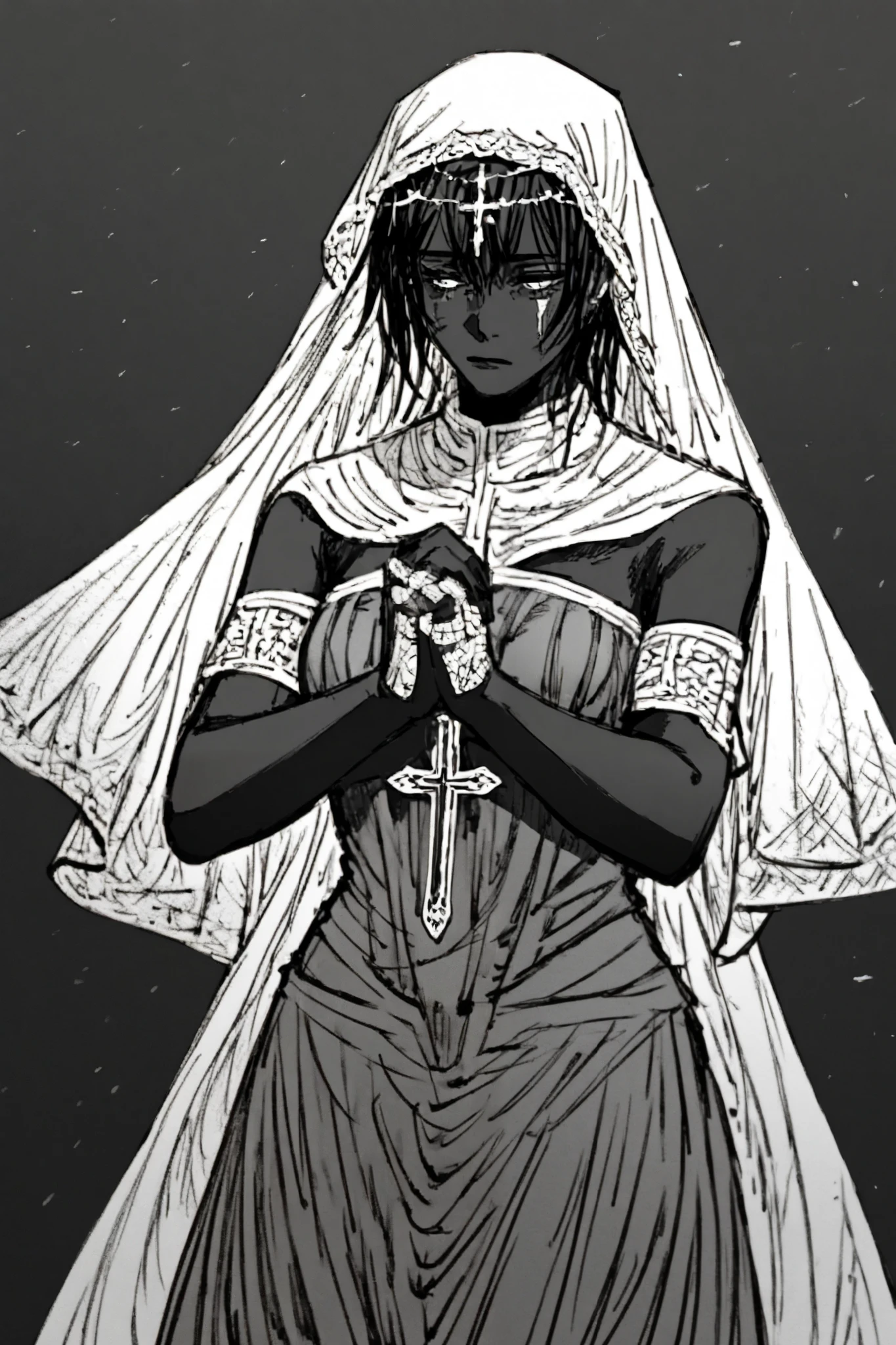 Physical Appearance, Female
Height: 1. 75 m
Complexion : thin but resistant , with an ethereal air.
fur: pale, with scars in the form of crosses on your arms and back.
hair: long, jet-black skin with a faint reddish hue in the light.
eyes: silver, reflecting a mixture of sadness and determination.
expression: Unbreakable Serenity, even in pain.
---
Clothing
White habit with bloodstains: His blood never completely disappears from the fabric, marking her as a living relic.
Broken veil: Symbol of his connection with the divine and the cursed.
Rosary of Thorns: Each bead is a thorn stuck in her, reminding him that his faith is suffering and purpose.
Rings with hidden seals: Each one contains a prayer that you can release in combat.