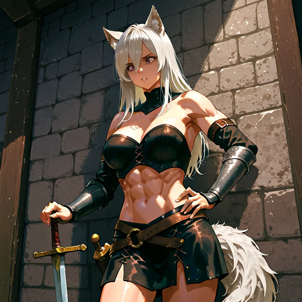 beautiful woman with short white hair, orange inferno eyes, wolf ears and a braided ponytail. She is wearing a revealing, sexy, fantasy knight armor with legplates. Her body is muscular and she is incredibly sexy. Her eyes are orange. She has strong, muscular arms and thick thighs. Wide hips.