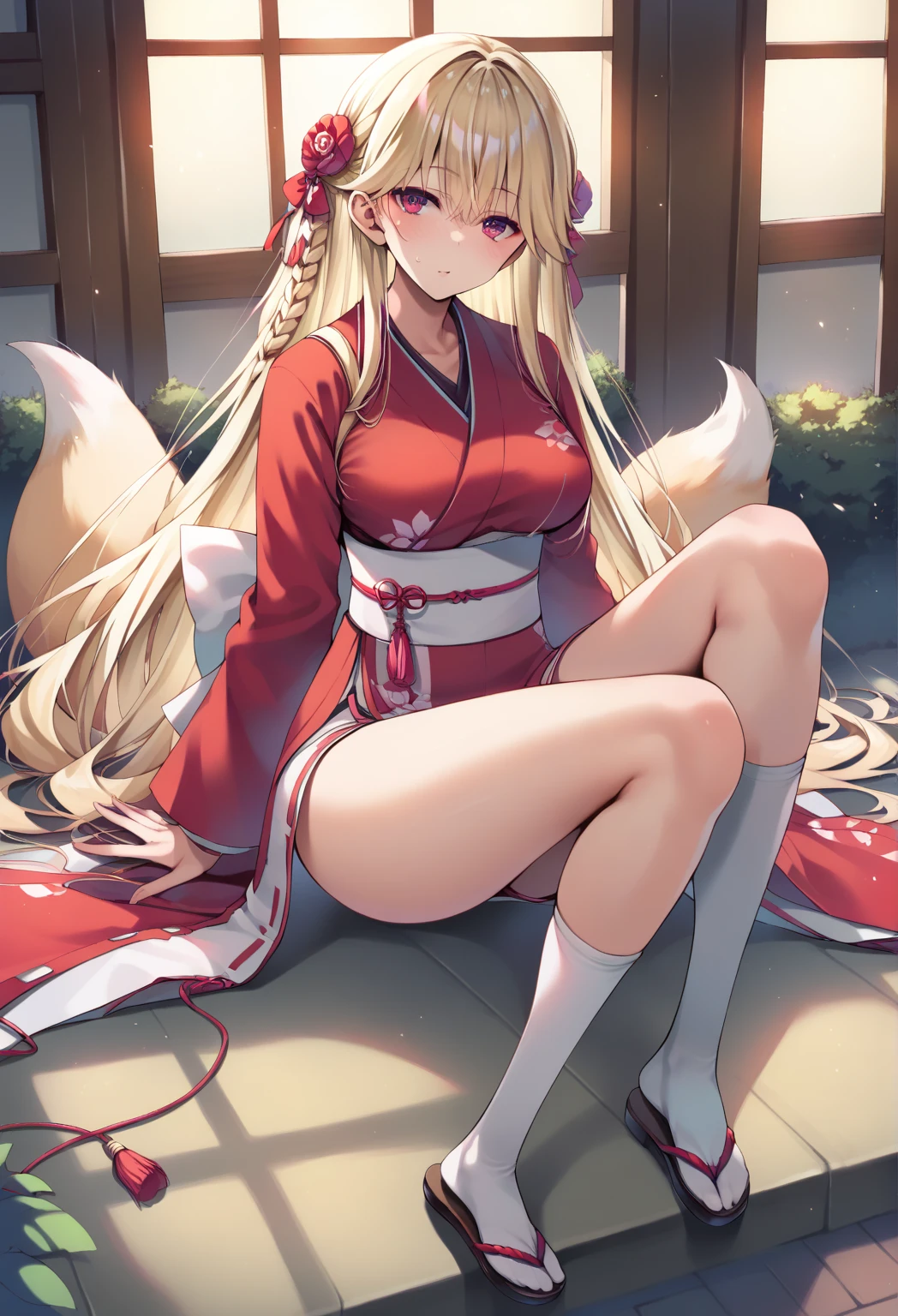 masterpiece, highest quality, Very detailed, 16k, Ultra-high resolution, Cowboy Shot, One 14-year-old girl, Detailed face, Perfect Fingers, Fox Ears, tail, Golden Eyes, Blonde, Long Hair, Red kimono, White panties, japanese mansion, wooden building, Japanese garden, Ishigaki, Gravel road, Big Stone, Plants, Go out to the garden, Lie down