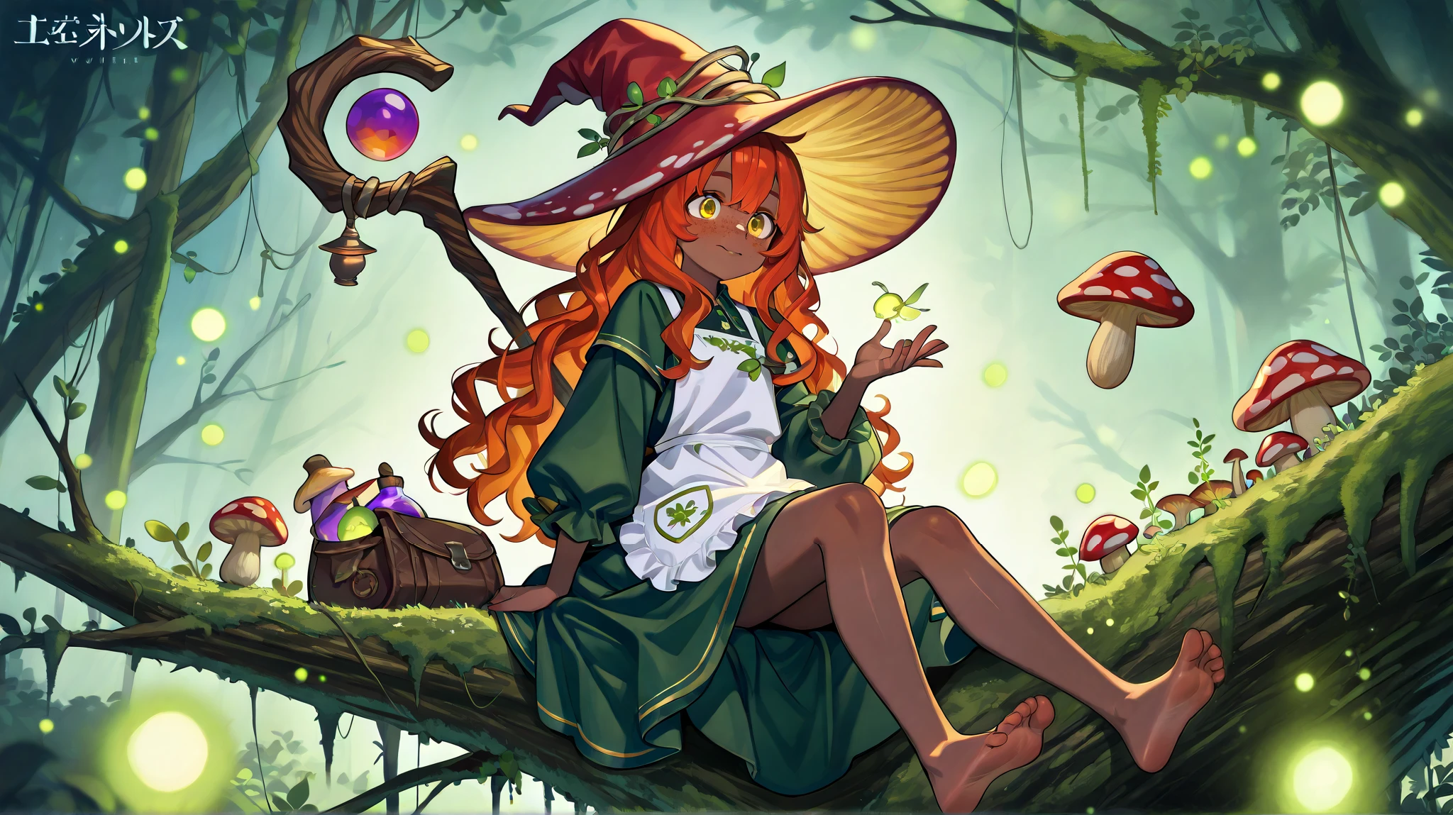 a witch with tanned dark skin covered with freckles. She has yellow whites of her eyes and scarlet irises. She has loose ginger red wavy hair, long to her feet. She wears a swampy green medieval witch's dress and an apron with two pockets. You're wearing a potion belt. There is a bag over her shoulder with medicinal herbs sticking out of it. She has pointy witch's shoes. She wears a fly Agaric hat on her head. In her hand she holds a staff in the shape of a tree branch overgrown with moss. she wanders in the mushroom grove where big mushroom-trees grow everywhere. fireflies are flying in the air.