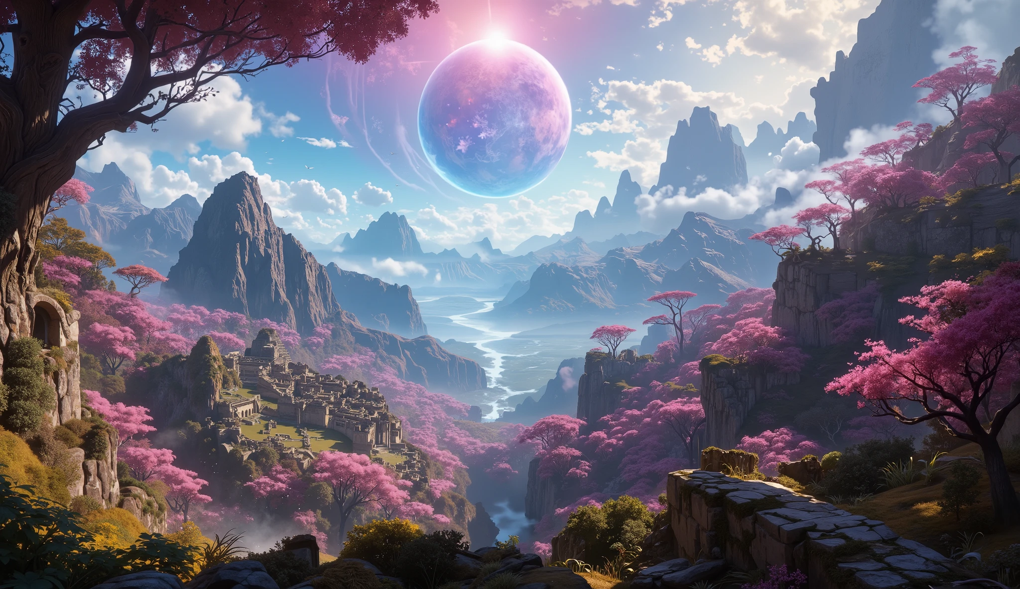 masterpiece, The ruins of Machu Picchu (Peru)  slice, a large cherry blossom forest,  clouds everywhere ,  A planet in the sky , las ruinas de Machu Picchu muy  Detailed, hermoso bosque de flor de cerezos de color  slice, clouds all over the landscape, beautiful planet , wallpaper, 4k, HD,  Detailed, 8K, Background