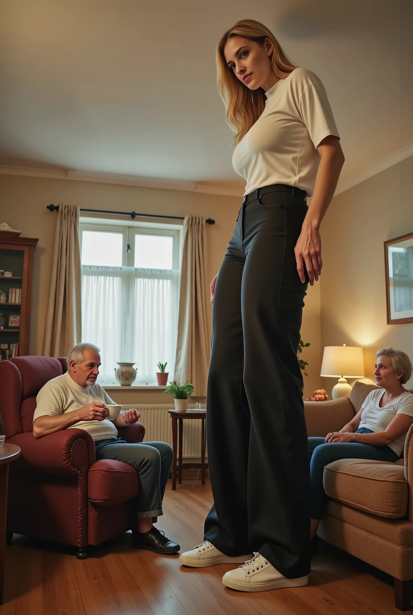 The scene is set in a cozy, standard apartment with soft lighting and warm decor. To the right, a couch holds the elderly grandparents—small, frail, and dressed in typical grandparent attire. They sip tea and chat calmly, their expressions content.

To the left, a standard armchair is occupied by their granddaughter, a towering giantess who is enormous. She’s so large that the chair looks comically small beneath her. Her body is dominated by her extremely long legs, which make up nearly 80% of her height. In her sitting position, her legs are bent awkwardly, her knees pulled up high, and her torso is hunched forward dramatically, almost folding her in half. Her head tilts down to avoid the ceiling, and her arms rest on her knees as she struggles to fit into the tiny chair.

Dressed in trendy streetwear—wide-legged pants, white sneakers, and a fitted white t-shirt—she contrasts sharply with the cozy, old-fashioned apartment. Her long blonde hair cascades down her shoulders, adding to her striking appearance.

The grandparents seem unfazed by her towering presence, continuing their conversation as if nothing is unusual. The atmosphere is a mix of humor and warmth, capturing a surreal yet heartwarming family moment where the granddaughter’s immense size, extreme leg length, and awkward sitting posture clash with the small, familiar setting.